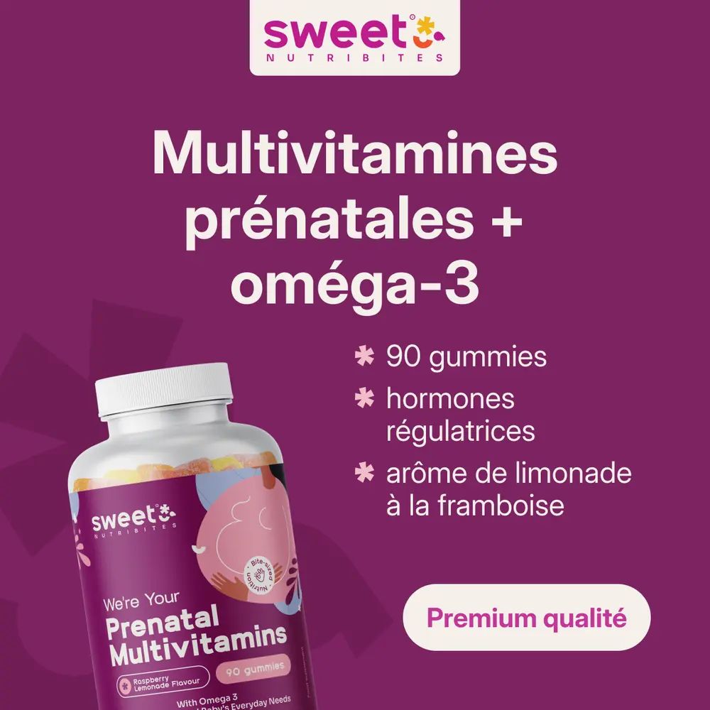 Sweet Nutribites Multivitamines prénatales avec oméga-3. 90 gommes, régulateurs hormonaux, arôme framboise-limonade.