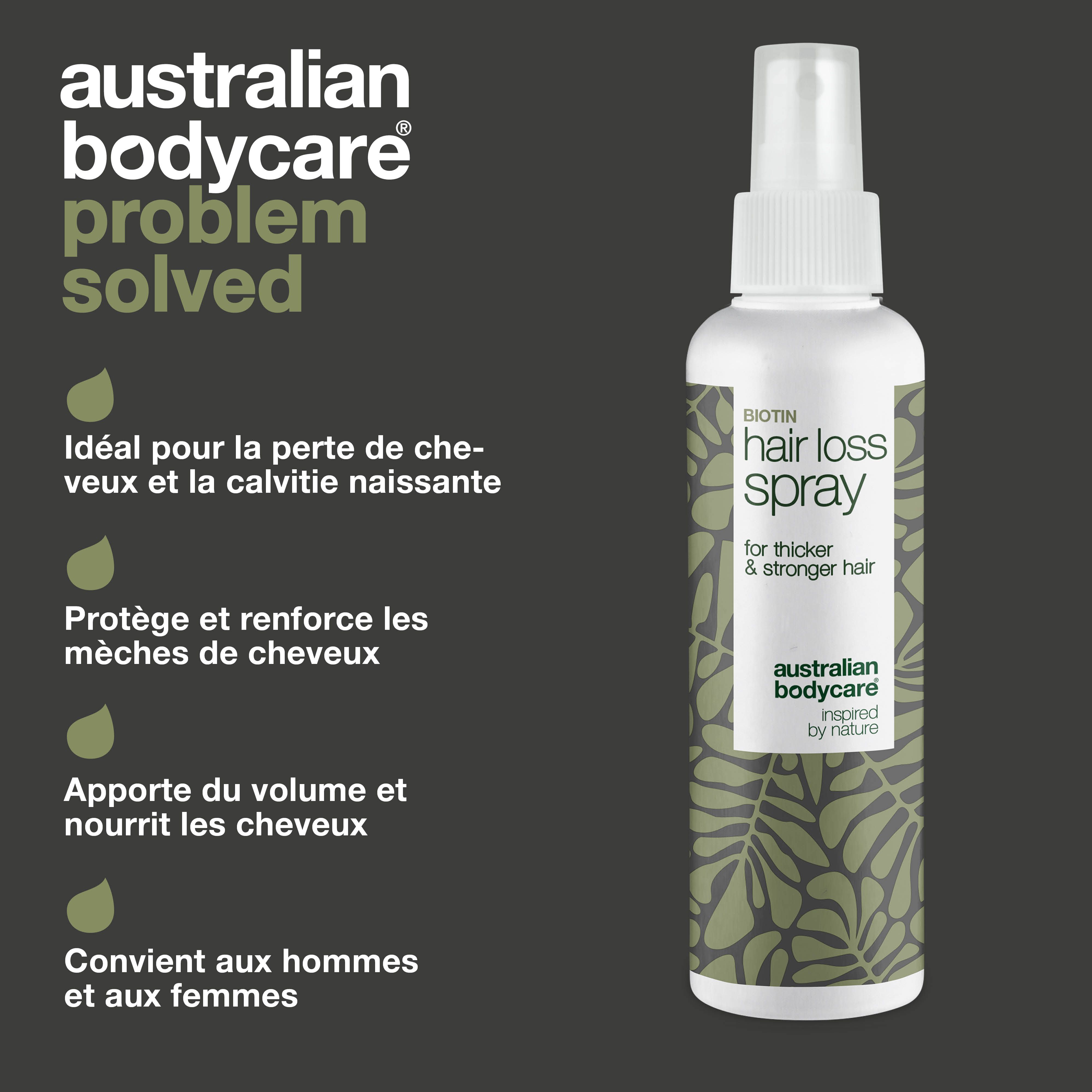 Problème résolu. Idéal pour la chute de cheveux et la calvitie naissante. Biotin Hair Loss Spray. Australian Bodycare.