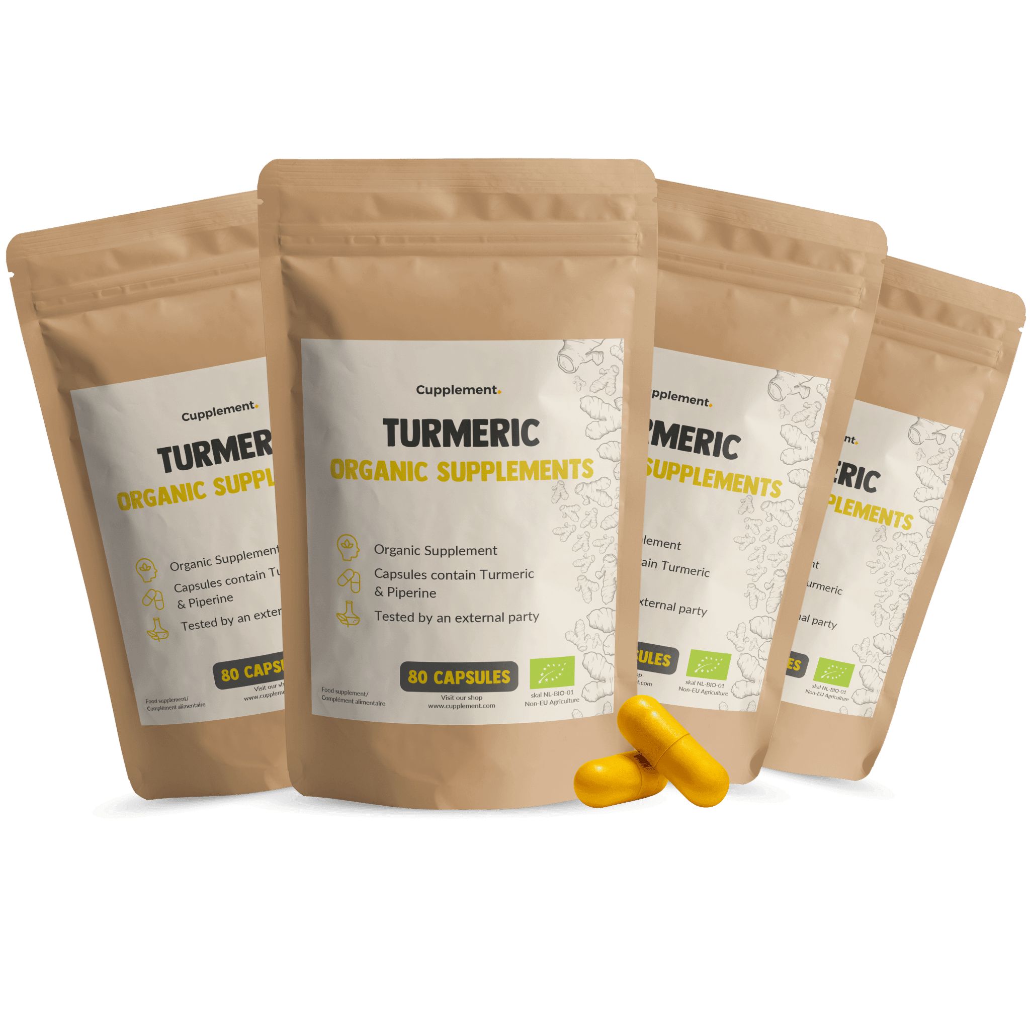 Plusieurs sachets de gélules de curcuma. Inscription : TURMERIC ORGANIC SUPPLEMENTS. 80 gélules.