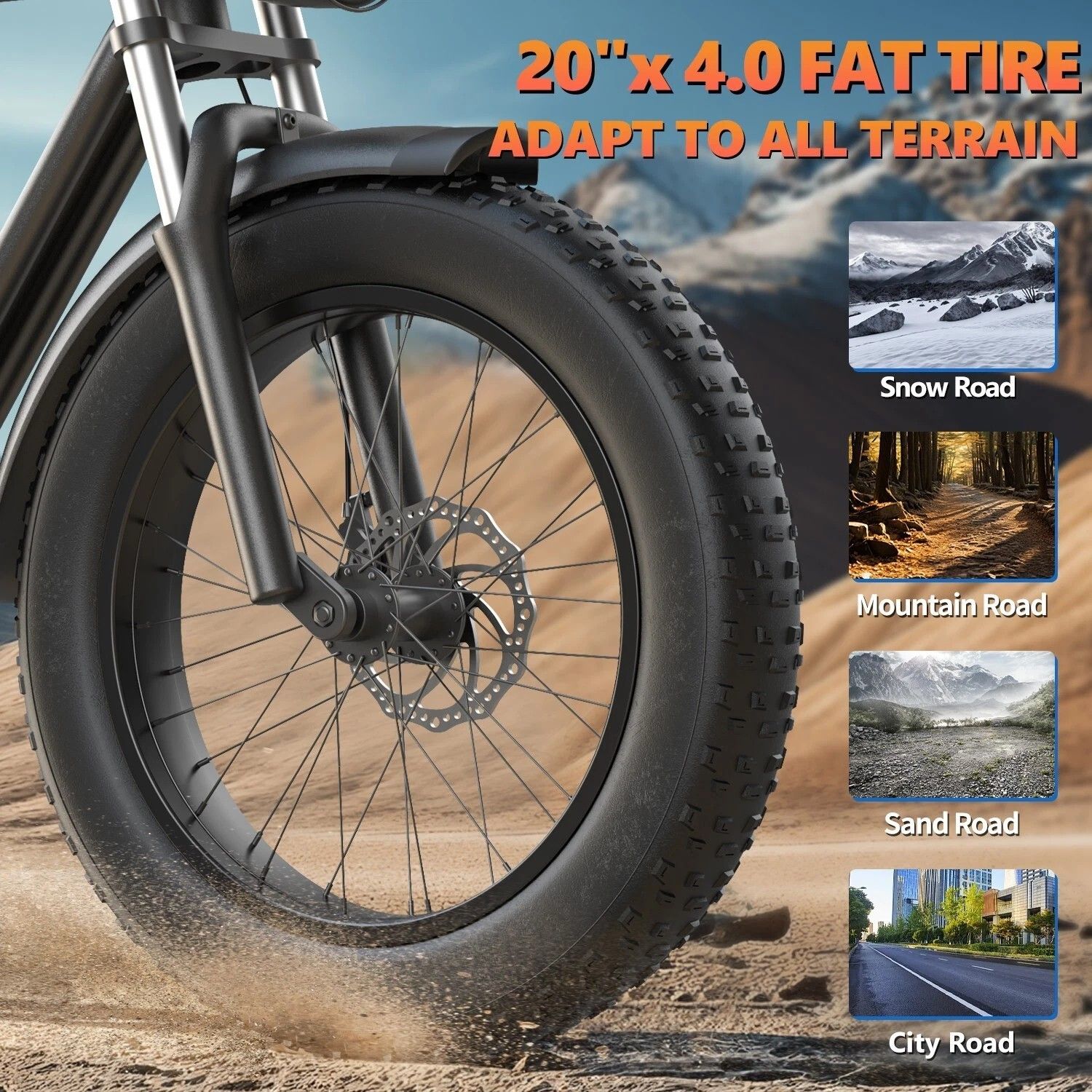 Close-up van het voorwiel van een e-bike. Brede band. Tekst: 20" x 4.0 FAT TIRE. Illustraties: sneeuw, berg, zand, stad.