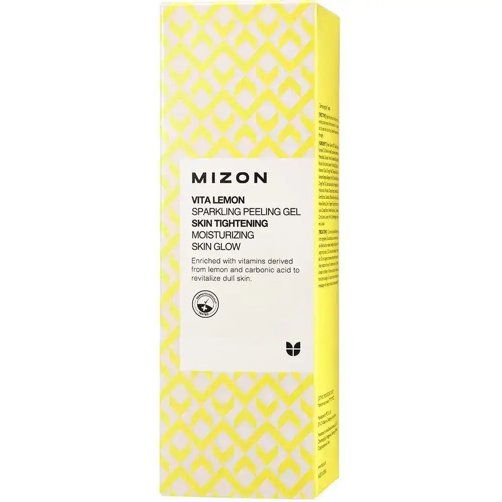Gelverpakking met geel patroon en productinformatie. MIZON Vita Lemon Sparkling Peeling Gel. Tekst op verpakking.