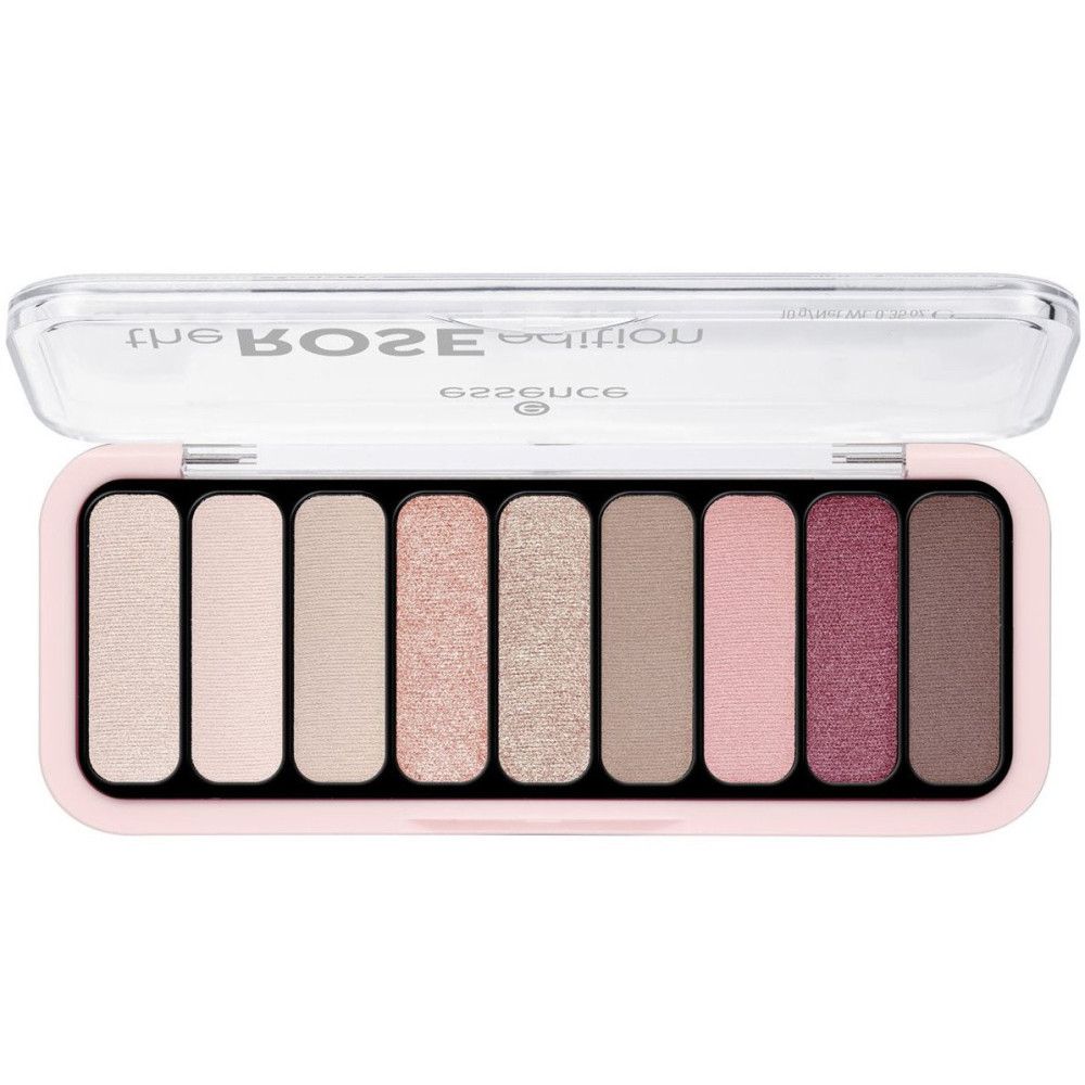 Palette de fards à paupières avec 10 teintes roses et marron. Couvercle transparent, cadre rose. Inscription: the ROSE edition.