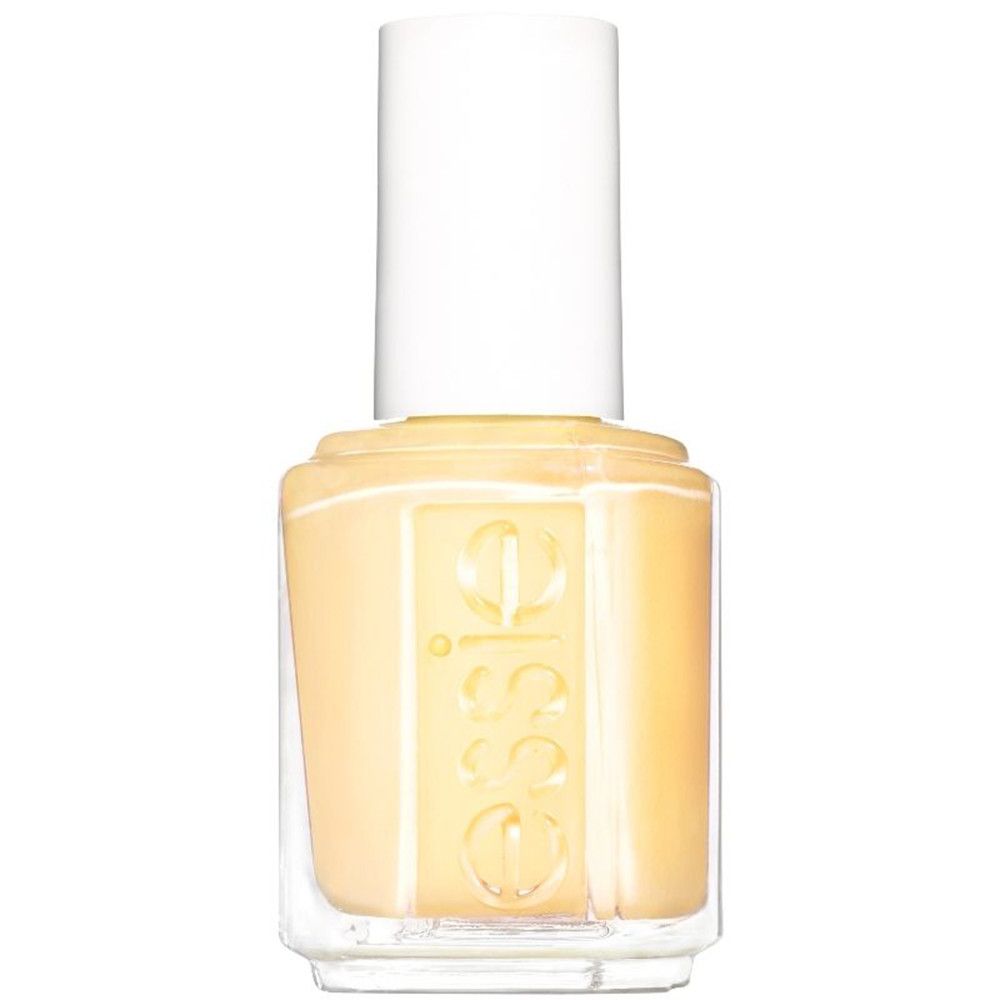 Flacon de vernis à ongles jaune. Flacon transparent, bouchon blanc. Logo Essie.