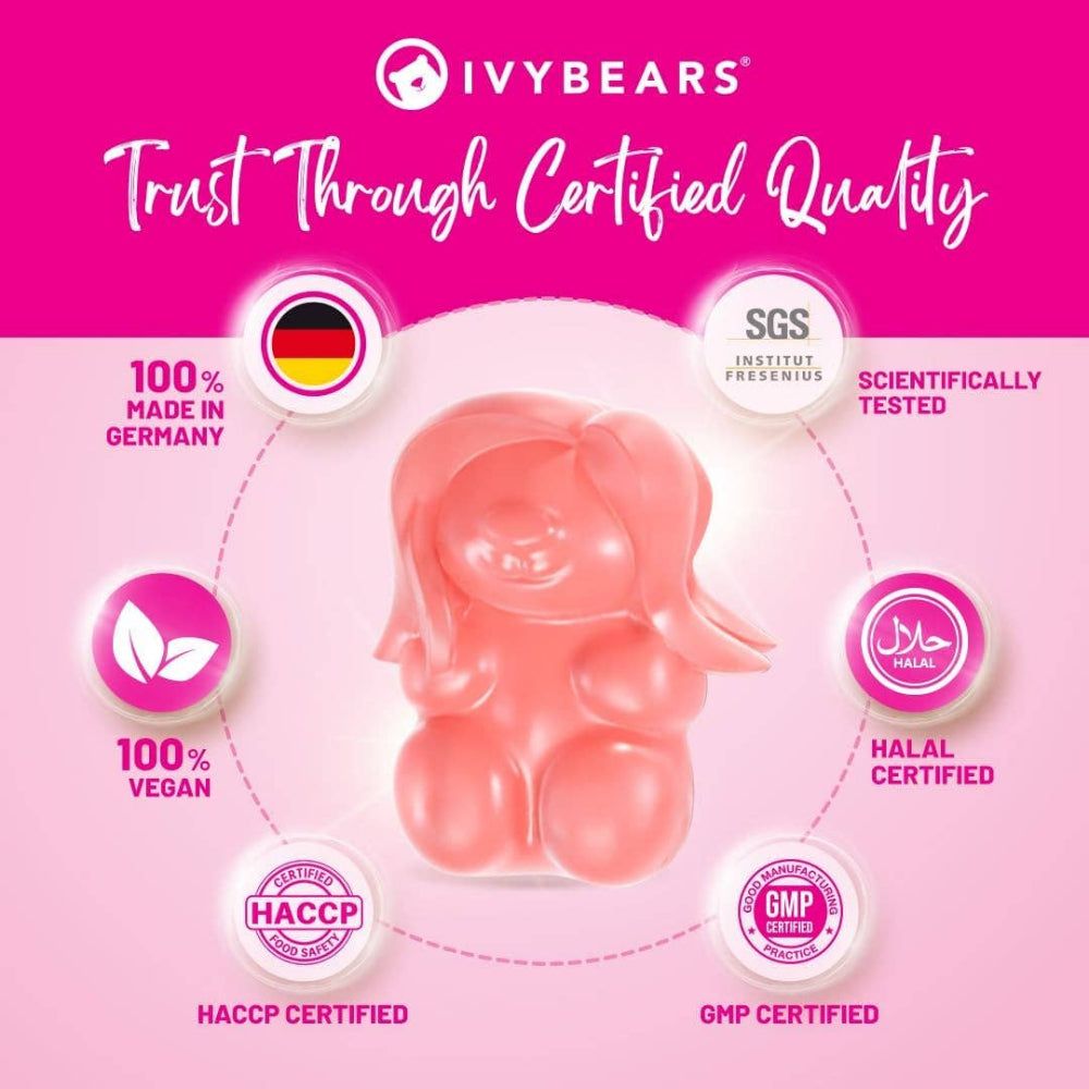 Oursons roses en forme d'ours. Inscription: Trust Through Certified Quality. 100% Vegan, Halal, GMP Certified.