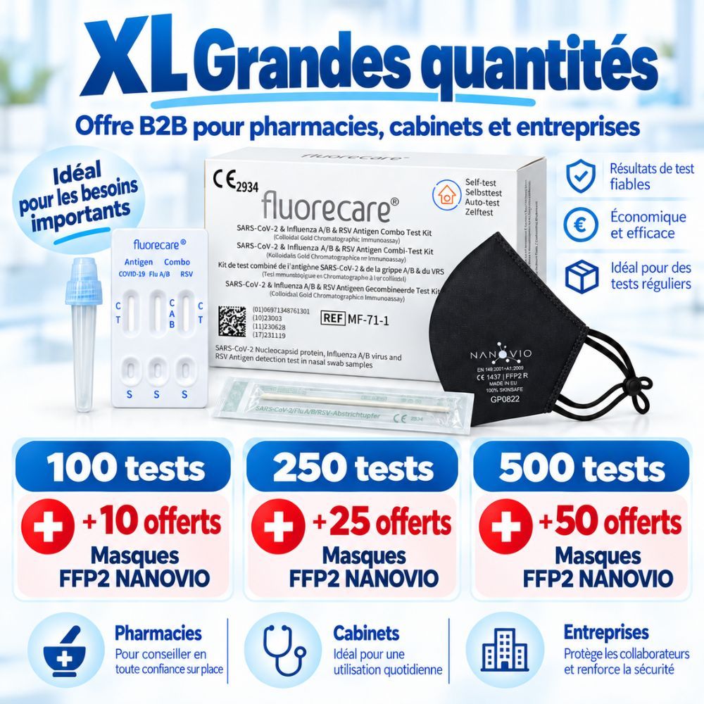 XL Grandes quantités : Kits test Fluorecare, masques, quantités 100, 250, 500 tests.