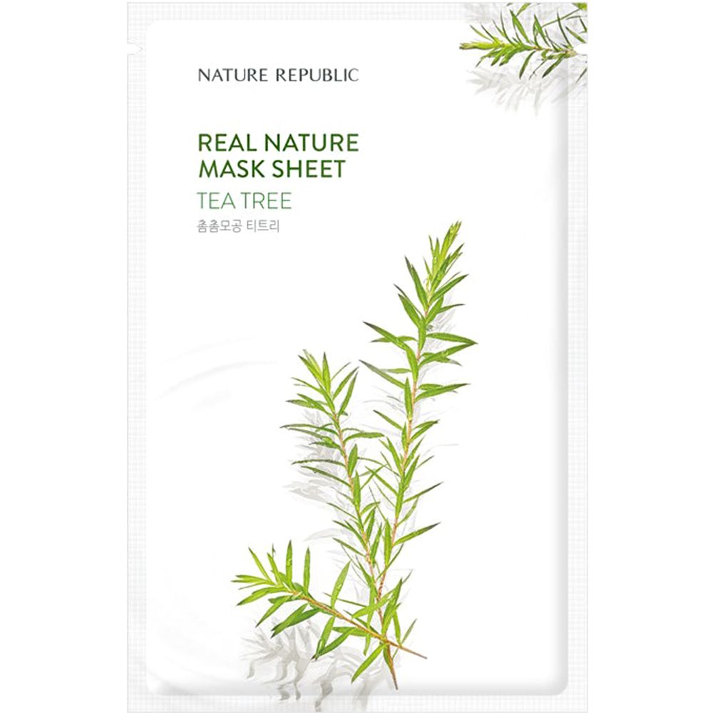 Emballage de masque facial. Fond blanc, illustrations de théier vert et nom du produit. Marque NATURE REPUBLIC.