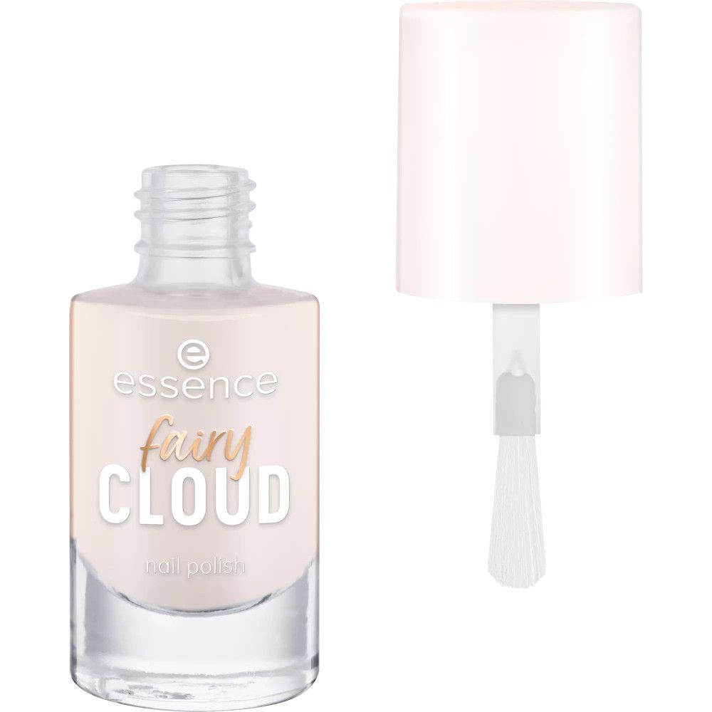 Flacon de vernis à ongles ouvert. Inscription "essence fairy cloud nail polish". Brosse visible.