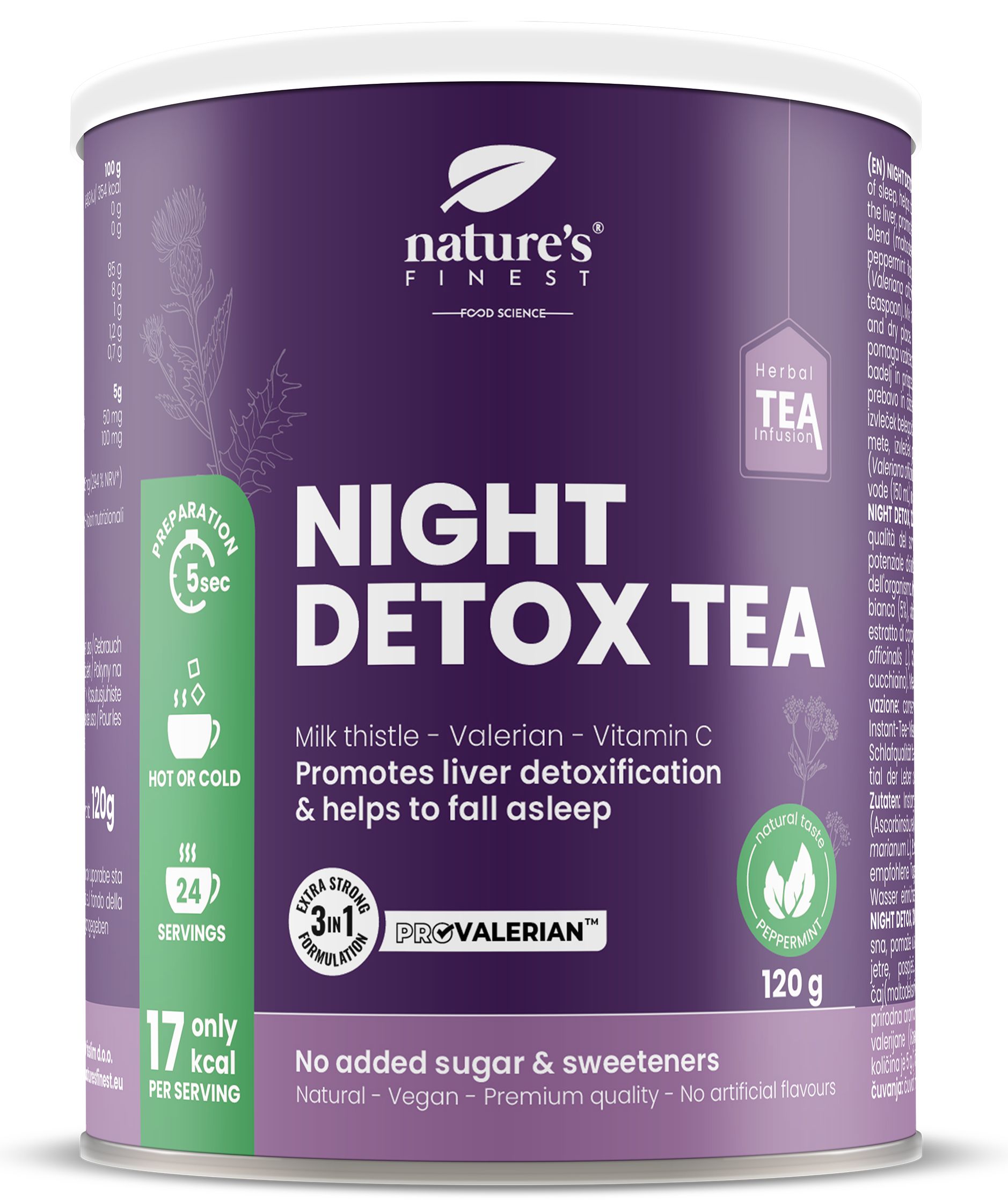 Boîte de Nature's Finest Night Detox Tea. Boîte violette avec texte blanc. Contient de la valériane et du chardon-marie. 120g.