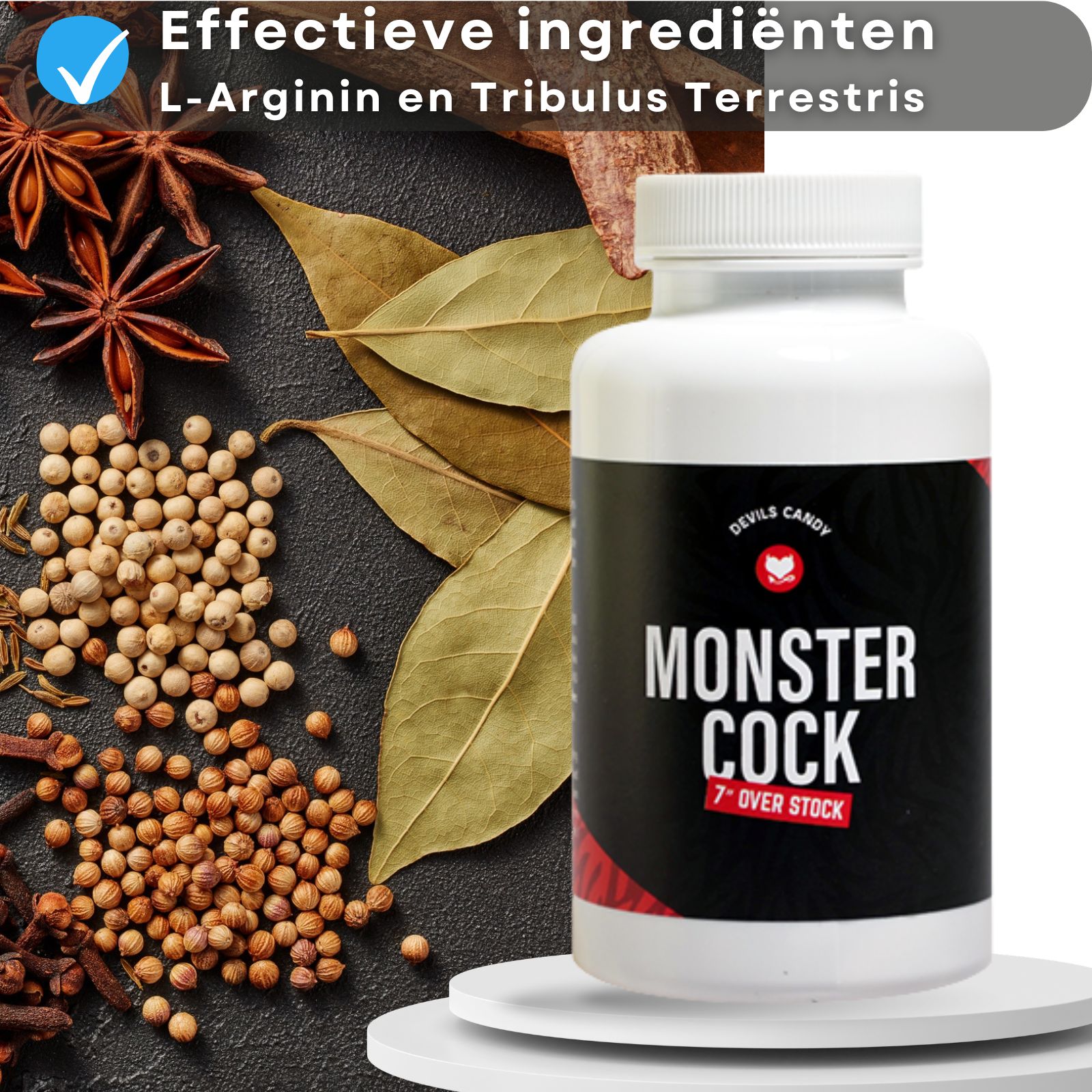 Witte fles met MONSTER COCK. Achtergrond: kruiden. Tekst: L-Arginine en Tribulus Terrestris.
