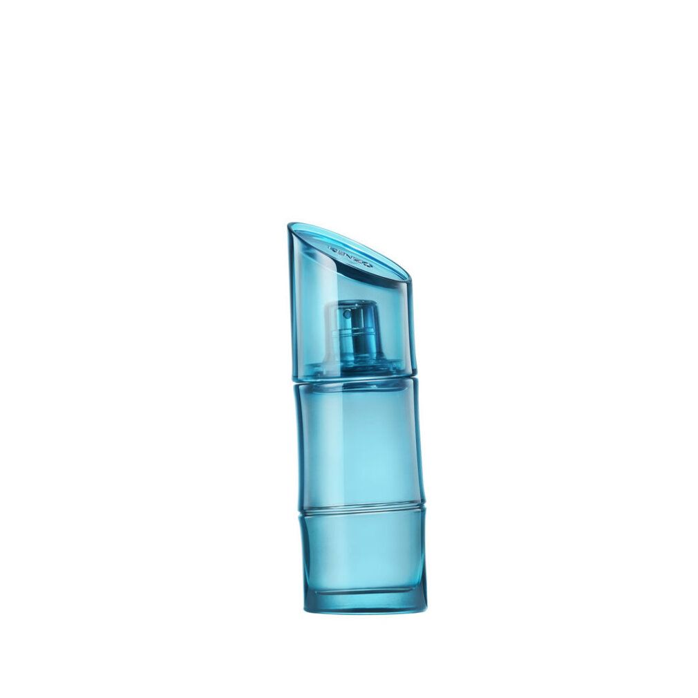 Blauwe KENZO HOMME Eau de Toilette Marine fles, cilindrisch, met schuine dop, op witte achtergrond.