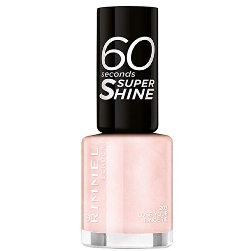 Nagellakfles met roze lak en zwarte dop. Op de dop staat "60 seconds SUPER SHINE". Merk: Rimmel.