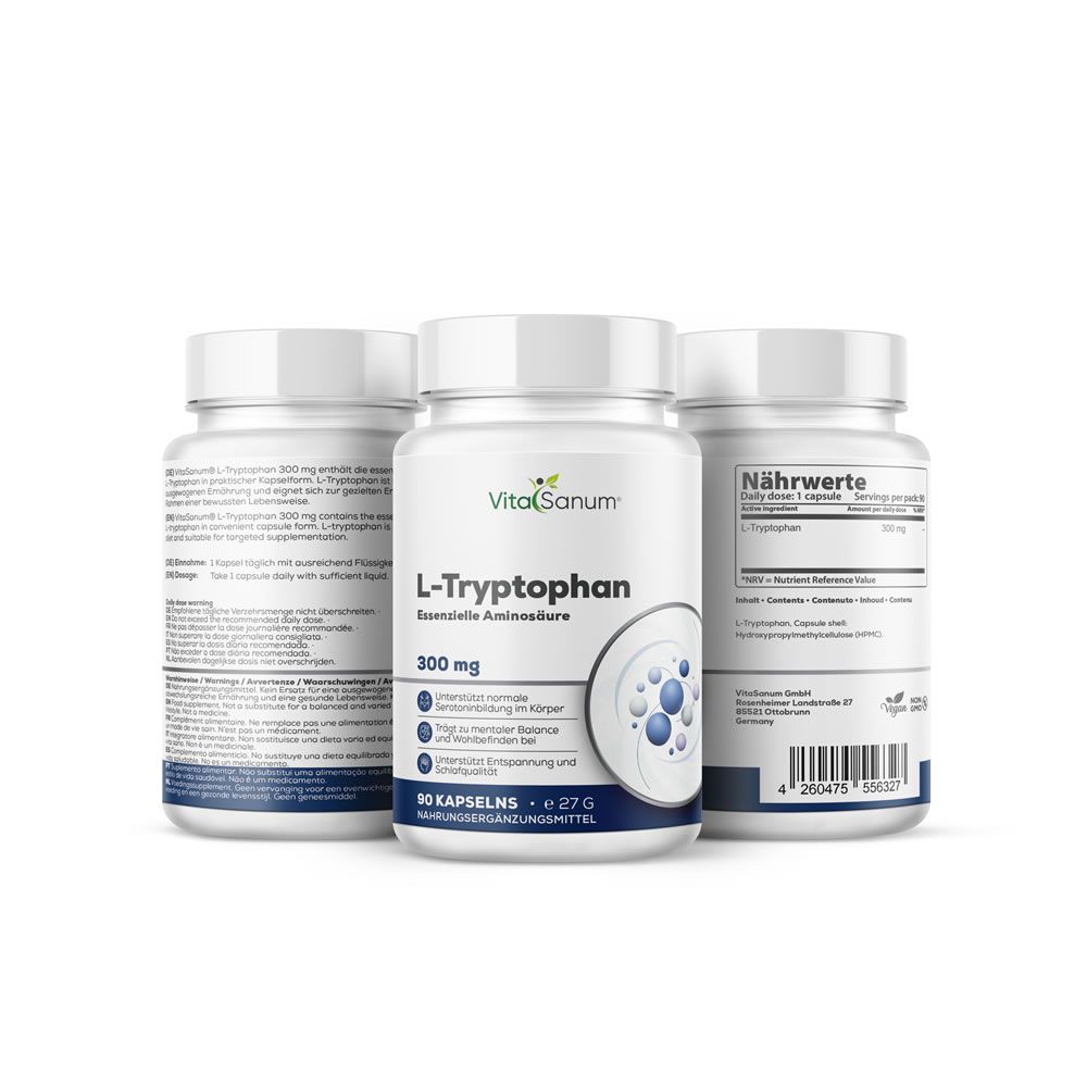 Trois flacons blancs VitaSanum L-Tryptophane. Inscription : 300 mg, 90 gélules. Étiquettes bleues et blanches avec informations.