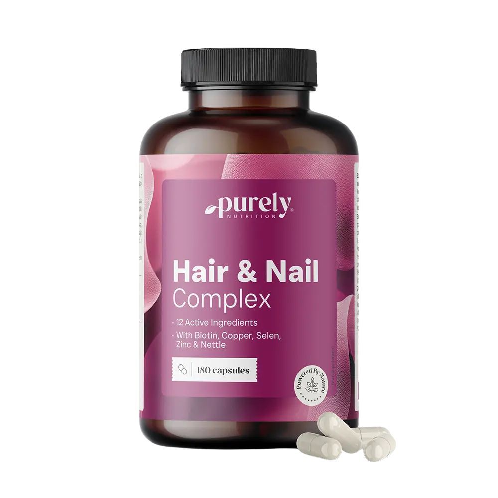 Bruine fles met paars etiket voor "Hair & Nail Complex" van Purely Nutrition, bevat 150 capsules.