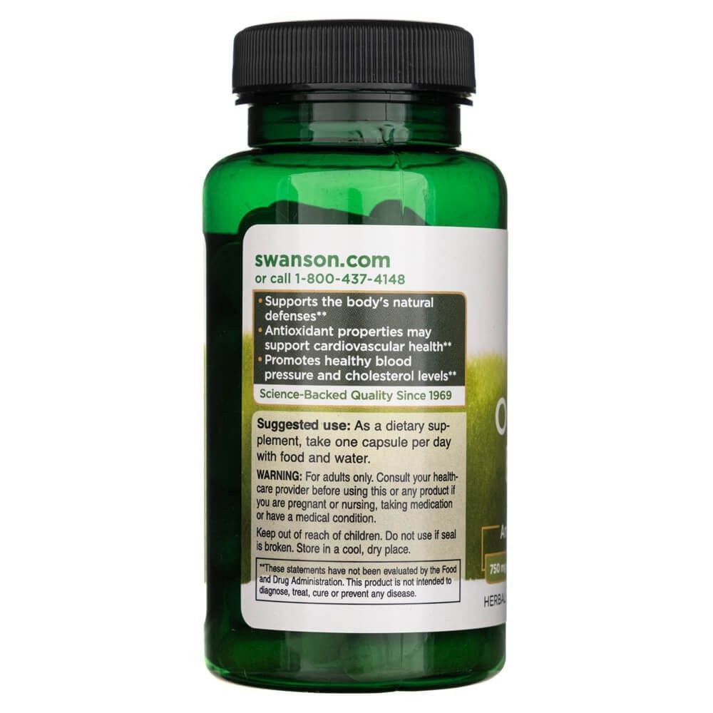 Achterkant van een groene fles SWANSON Olijfblad Extract met productvoordelen en waarschuwingen.