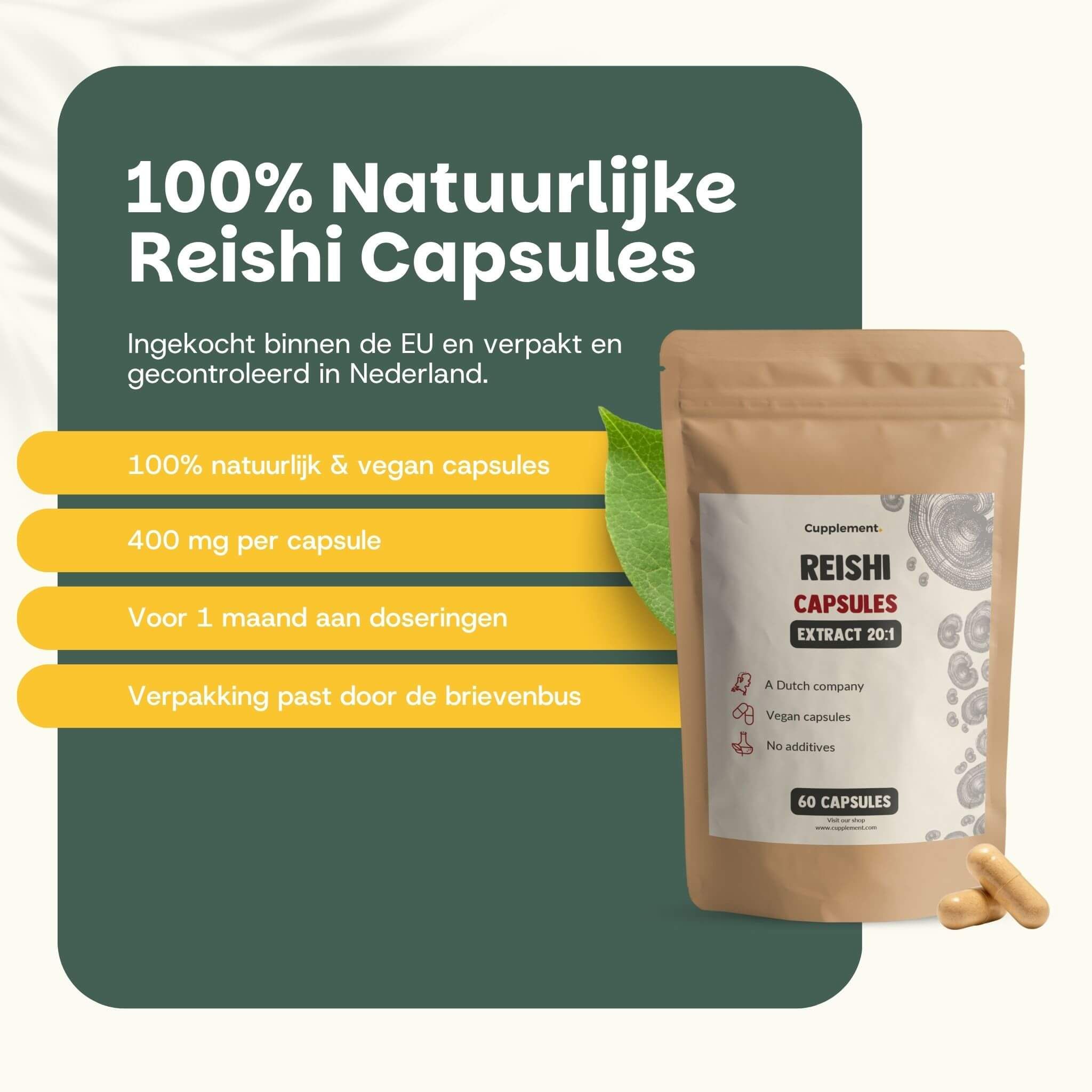 Reishi capsules. 100% natuurlijk en vegan. 400 mg per capsule. 60 capsules. Verpakking.