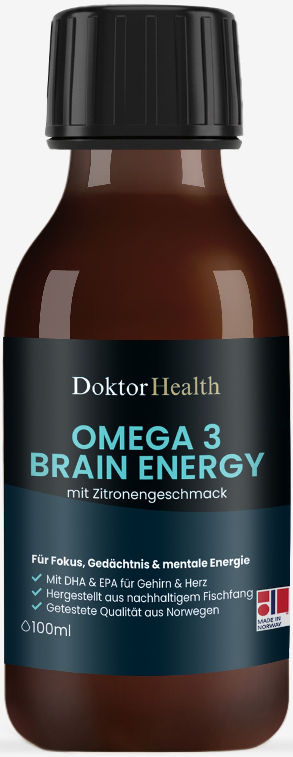 Bouteille marron avec bouchon noir. Inscription : Doktor Health Omega 3 Brainenergy. Avec DHA & EPA. 100ml.