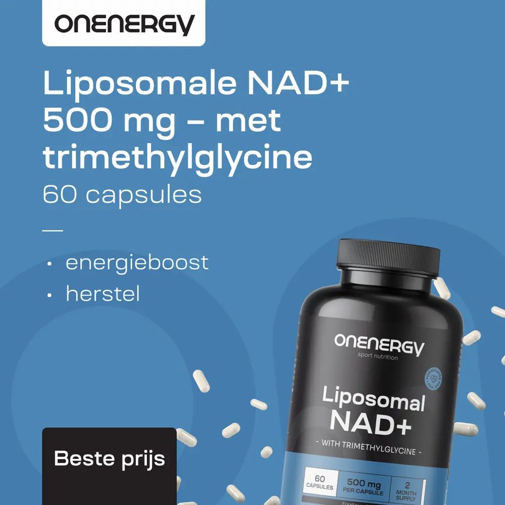 Fles met capsules. Opschrift: OnEnergy, Liposomaal NAD+ met Trimethylglycine. 60 capsules, 500 mg. Tekst: Beste prijs.