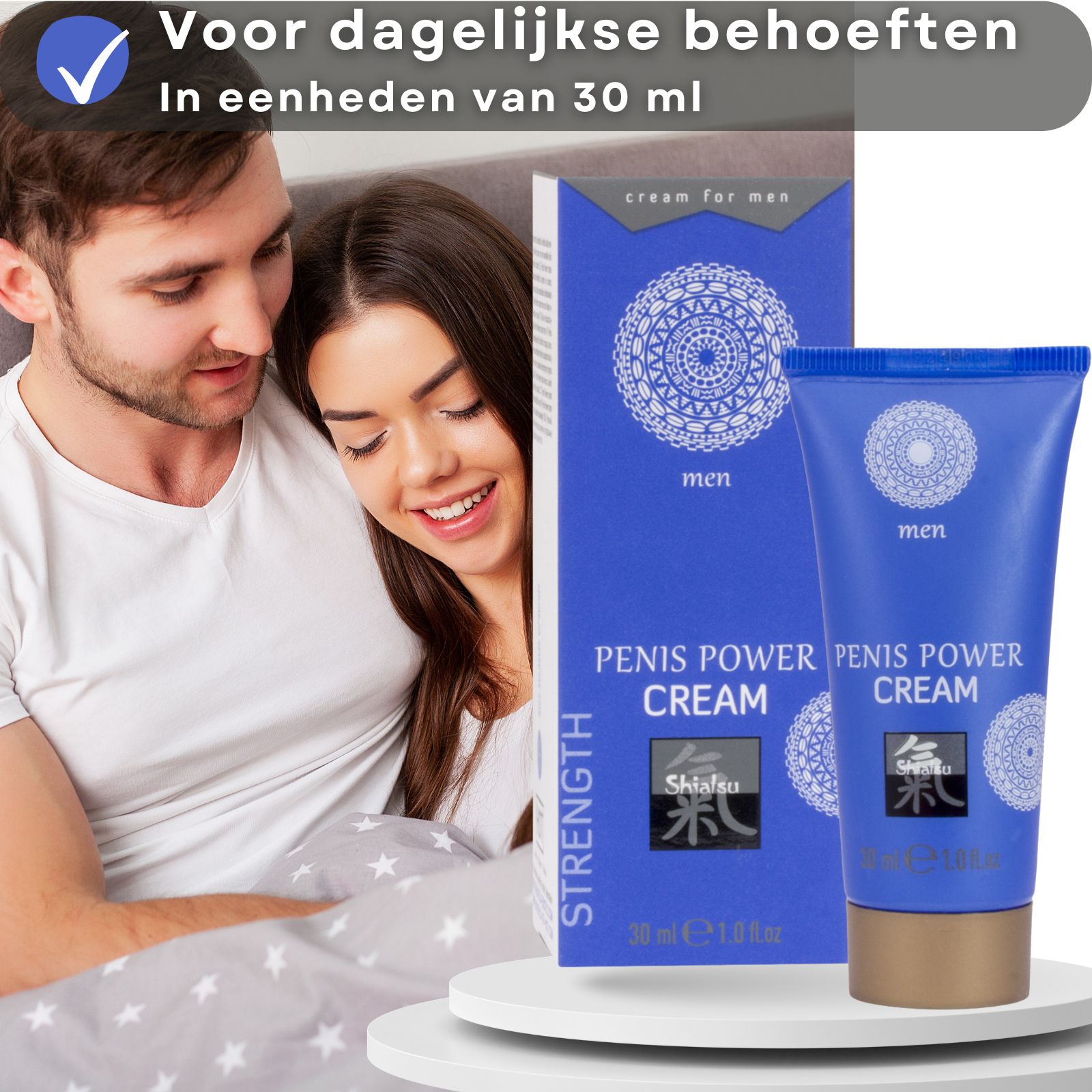 Shiatsu Penis Power Creme doos, blauw, met mandala-patroon, tekst en zegel.