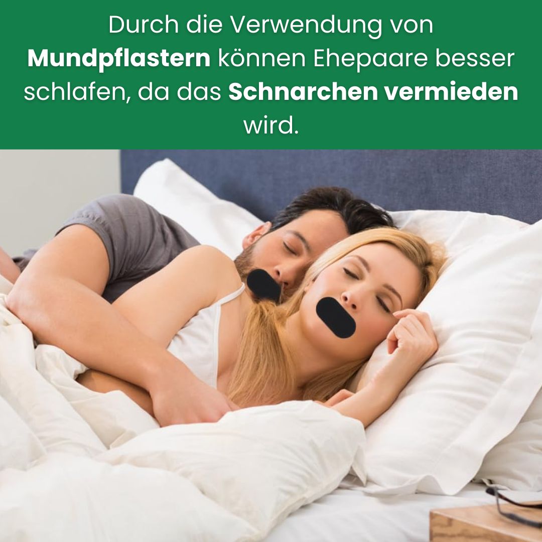 Koppel in bed met mondpleisters. Tekst: Door het gebruik van mondpleisters kunnen echtparen beter slapen, omdat snurken wordt voorkomen.