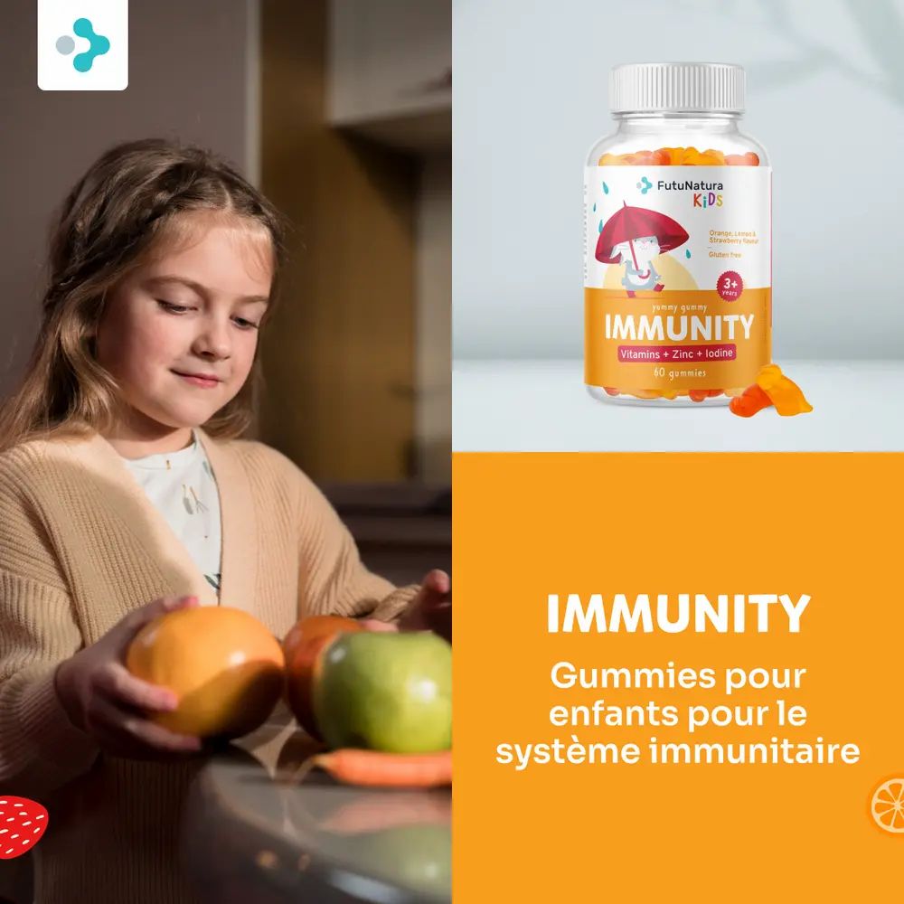 Fille avec des fruits, à côté d'un flacon de gummies. Inscription: IMMUNITY, Gummies pour enfants. Logo FutuNatura KIDS.