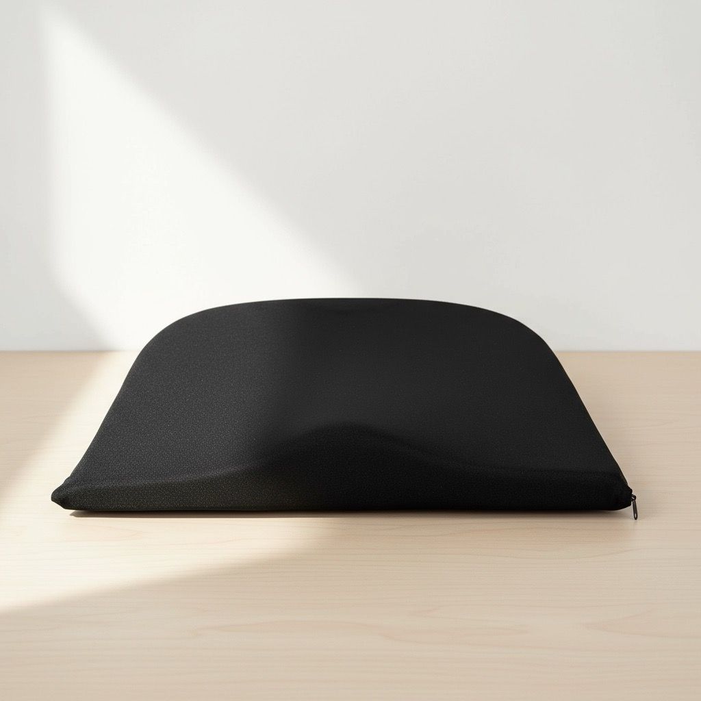 Coussin de siège noir en forme de coin. Dessus arrondi, dessous plat. Housse en tissu.