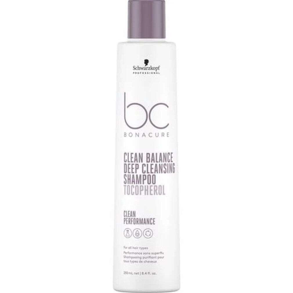 Witte shampoo fles met paarse dop. Opschrift: BC Bonacure Clean Balance Deep Cleansing Shampoo.