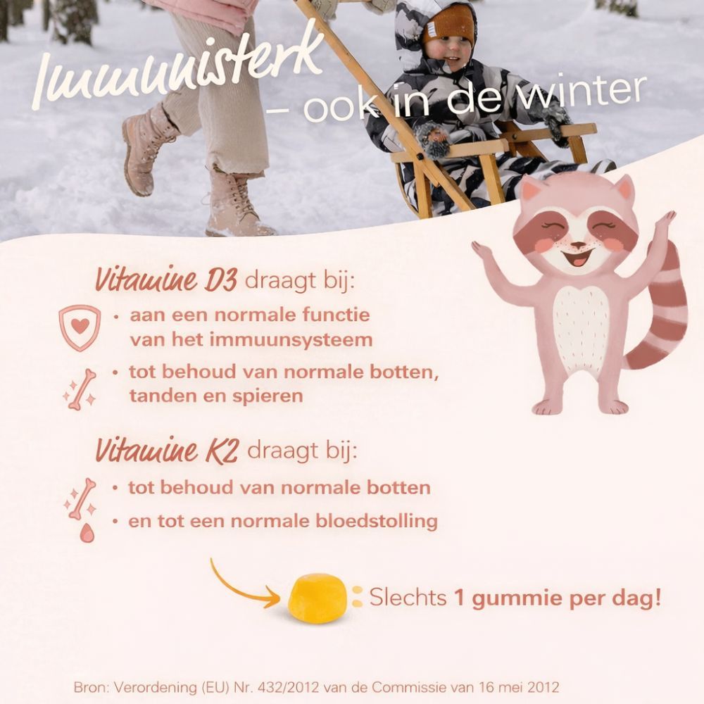 Illustratie met tekst over vitamine D3 en K2. Gele gummies. Tekst: 1 gummy per dag.