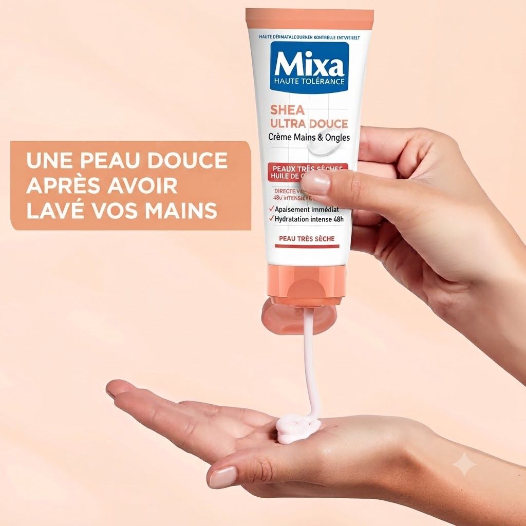 Tube de crème mains Mixa Shea Ultra Douce pour peau très sèche.