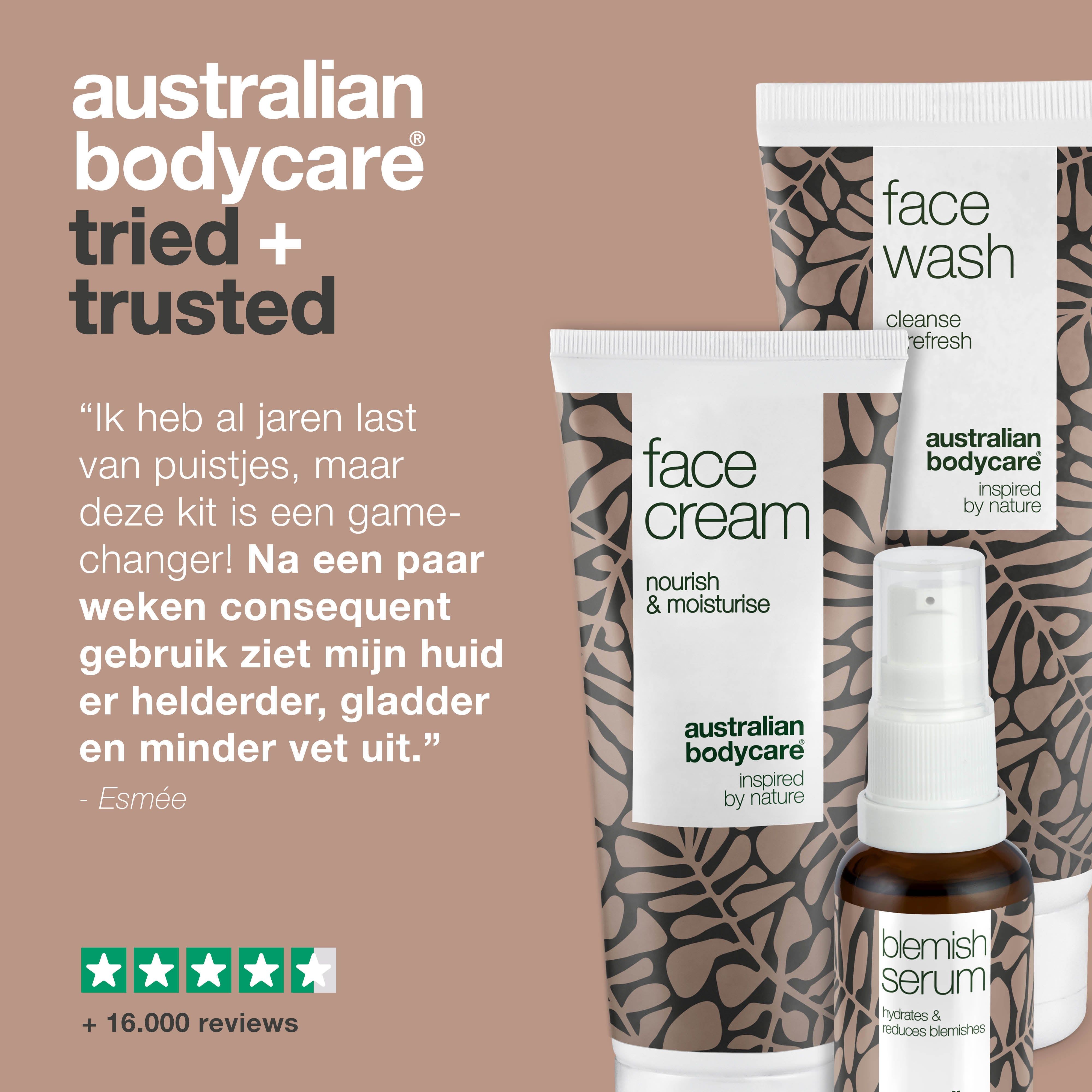 Grafiek met tekst en producten. Producten: gezichtswas, crème, serum. Tekst: Tried + Trusted.