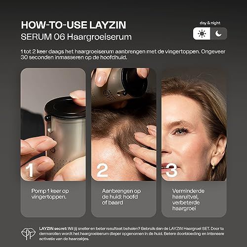 Serumgebruik. Stappen: 1. Pomp, 2. Aanbrengen, 3. Minder haaruitval. Tekst: HOW-TO-USE.