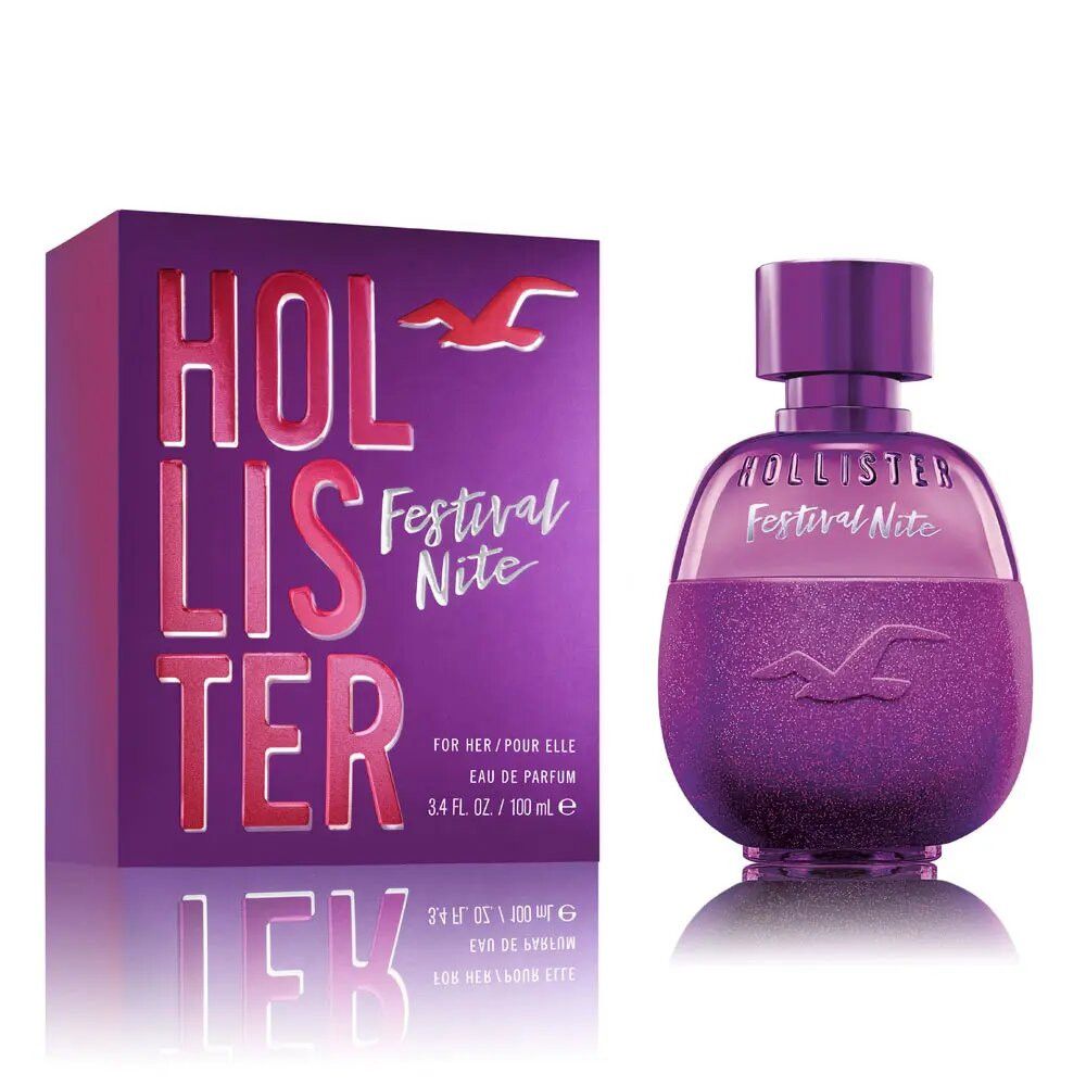 Paarse fles en verpakking. Opschrift: Hollister Festival Nite. Fles met verstuiver. Verpakking met logo.