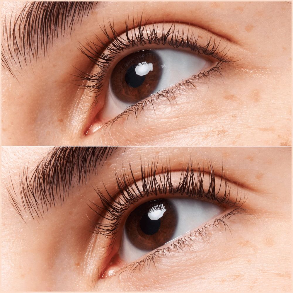 Gros plan sur les yeux. En haut : cils. En bas : cils plus denses. Peau avec des taches de rousseur.