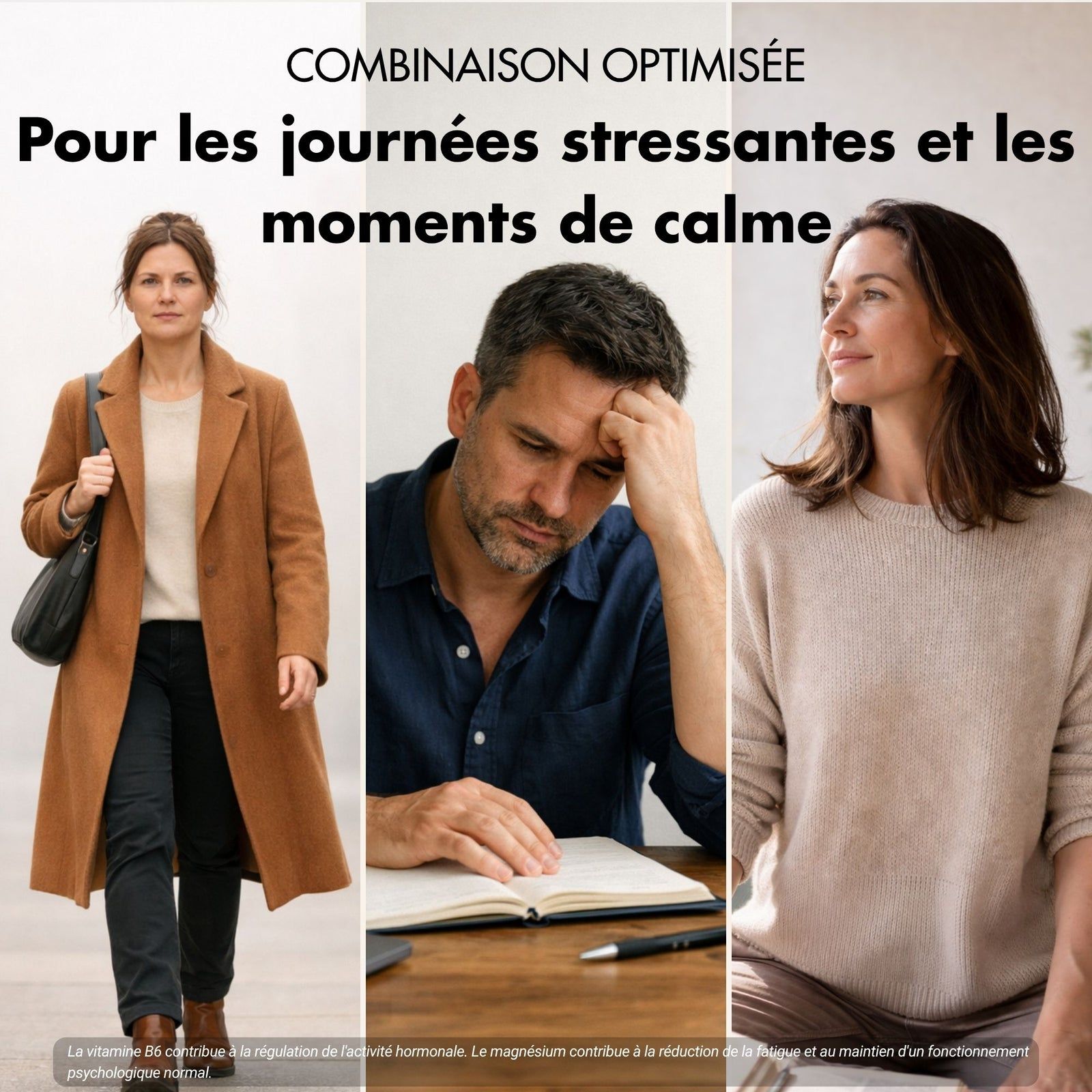 Trois personnes: femme marchant, homme stressé au bureau, femme détendue.