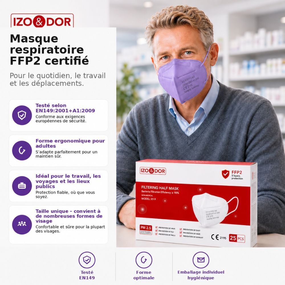 Femme portant un masque FFP2 violet; emballage montre 5 couches, certification CE.
