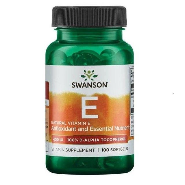 Groene fles met 100 softgels Swanson Natuurlijke Vitamine E, 400 IE.