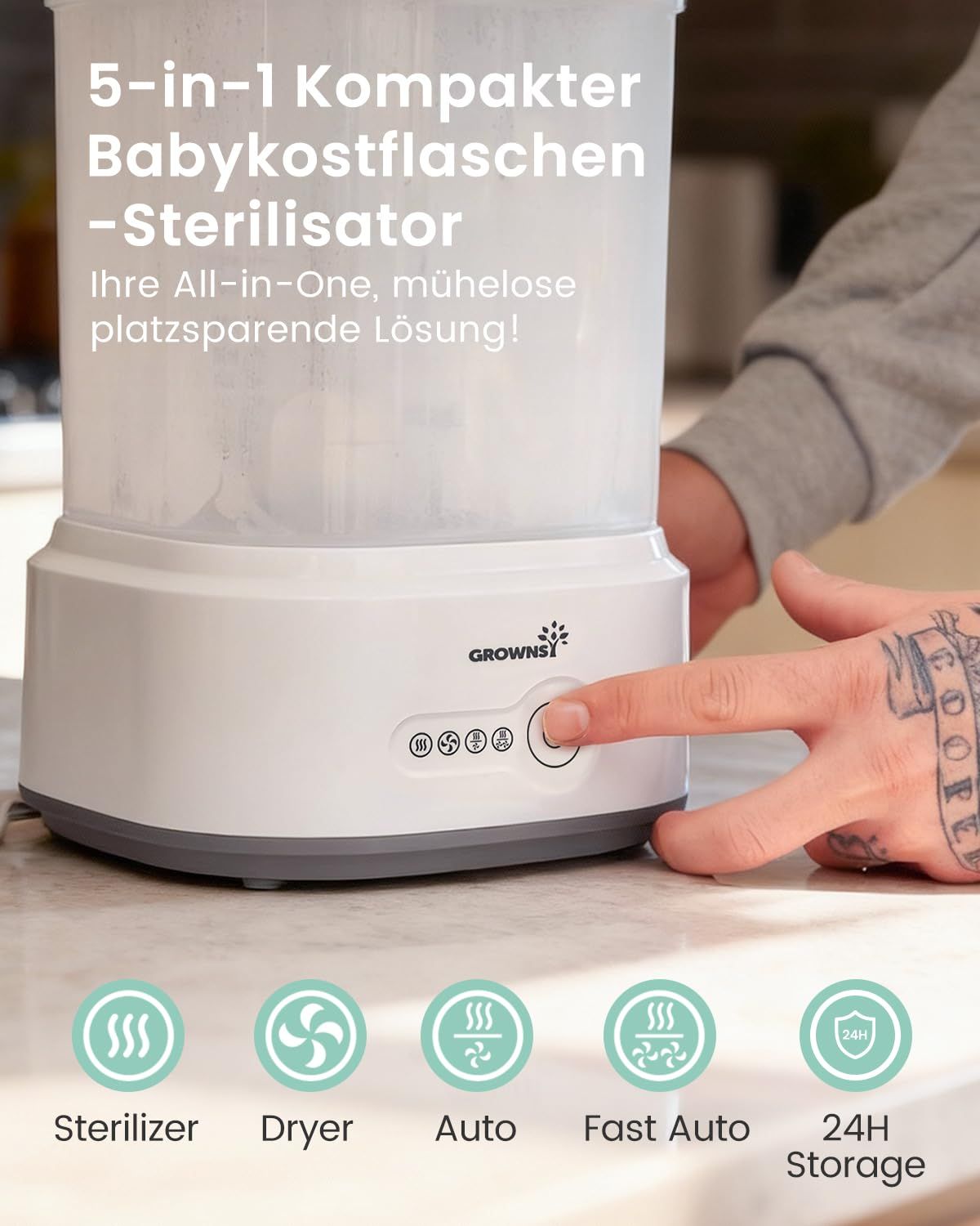 Grownsy sterilisator met bedieningspaneel en touch-knoppen.