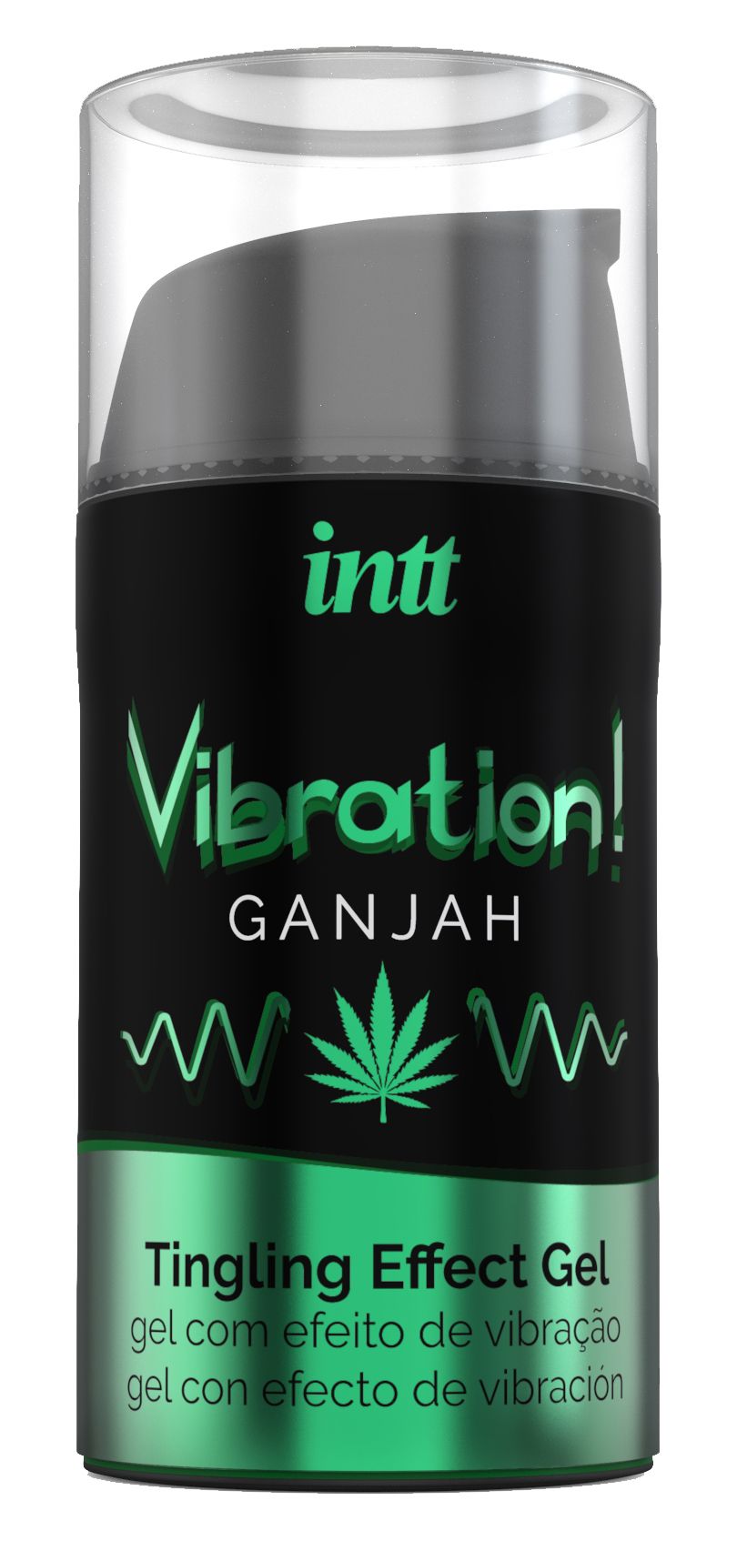 Zwarte fles met groen etiket. Tekst: INTT Vibration! Ganjah Tingling Effect Gel. Transparante dop.