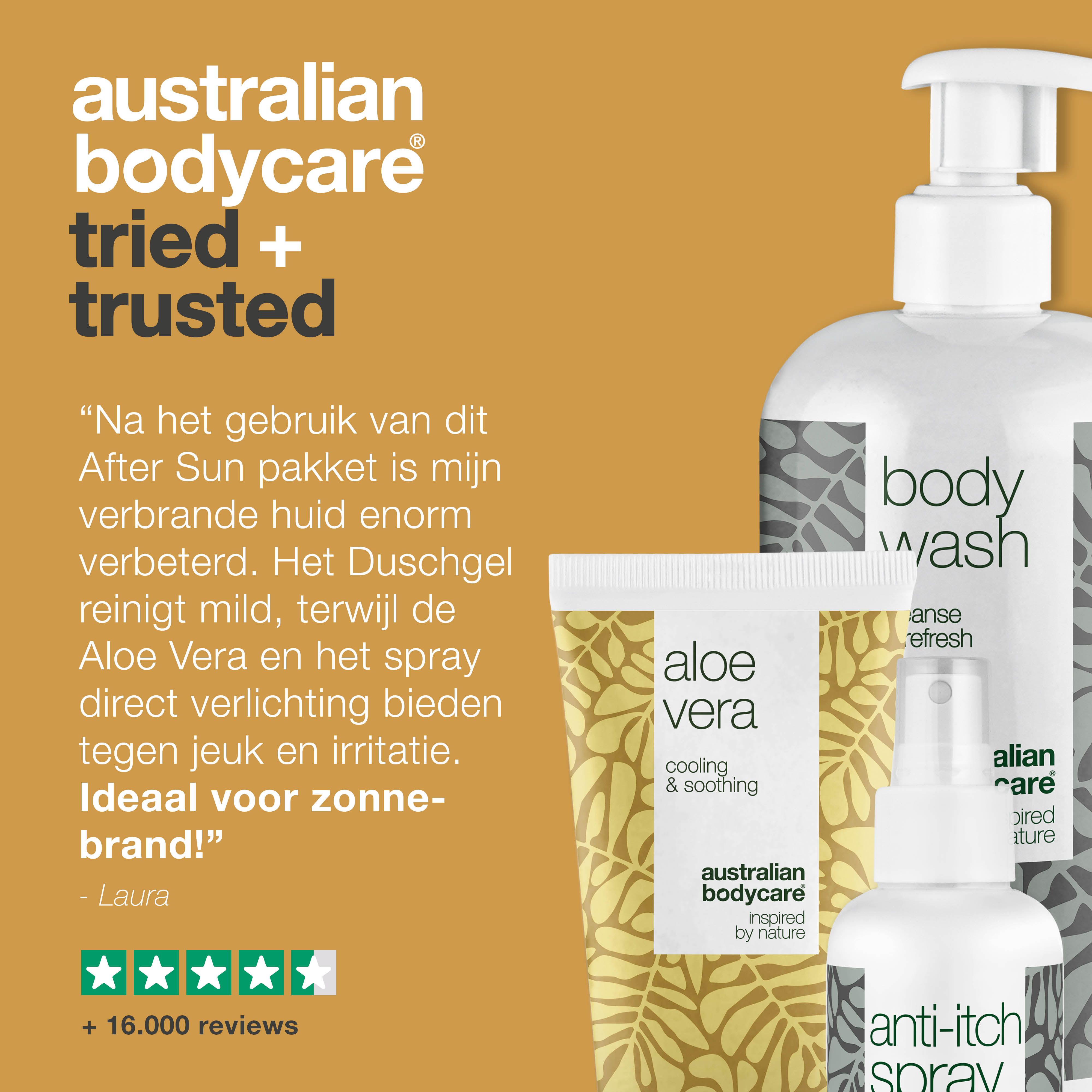 Drie producten: Body Wash, Aloe Vera gel en Anti-jeuk Spray. Tekst: Getest en vertrouwd.