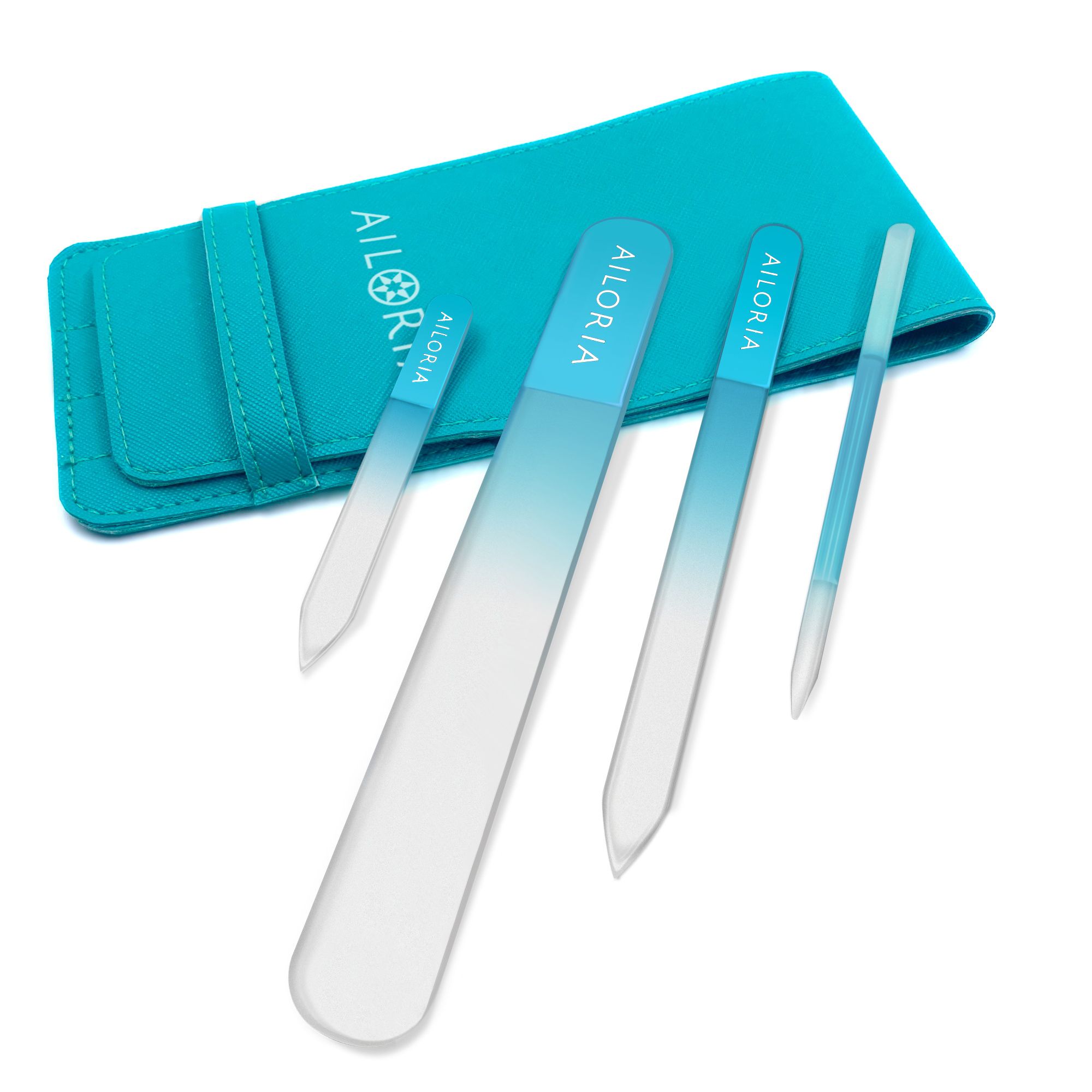 Set de limes à ongles avec étui. Quatre limes en verre de différentes formes. Étui bleu turquoise avec logo et limes.