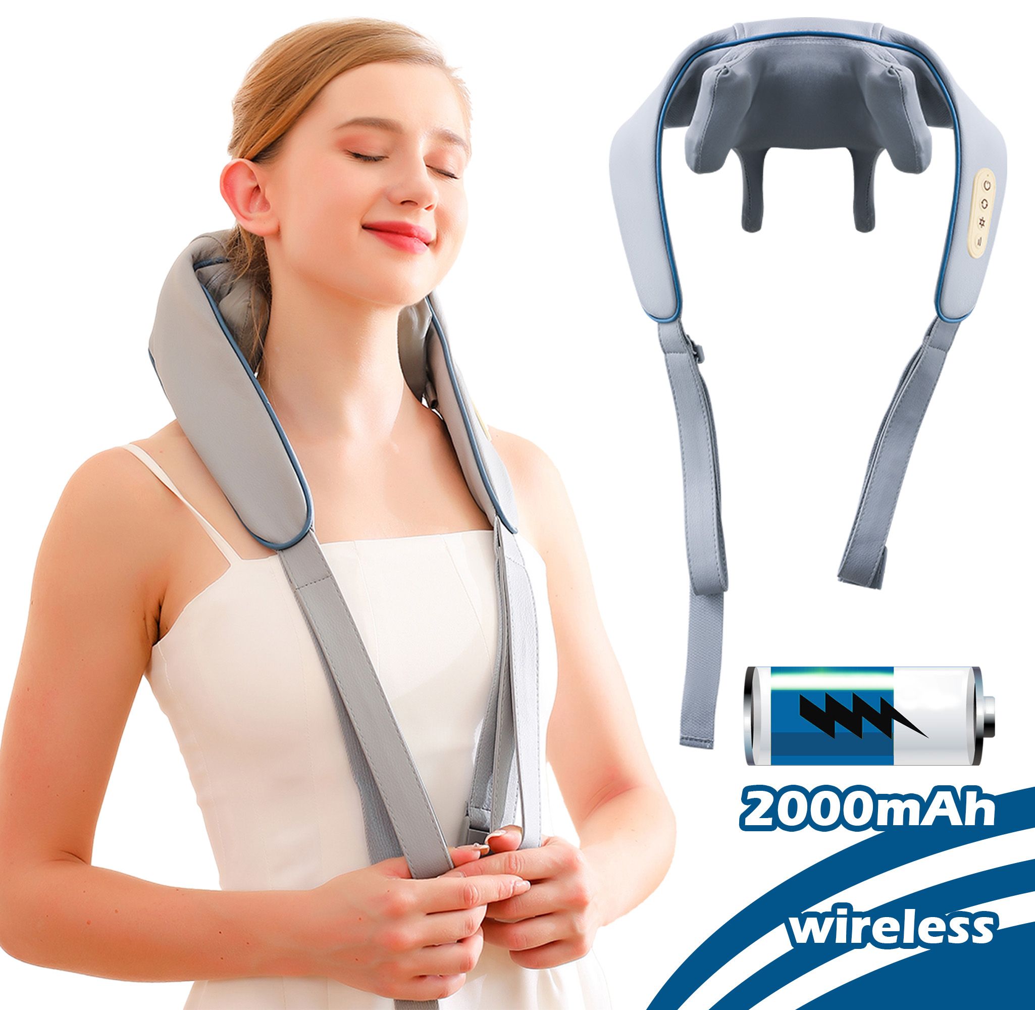 Femme avec masseur cervical. Batterie 2000mAh. Texte: sans fil.