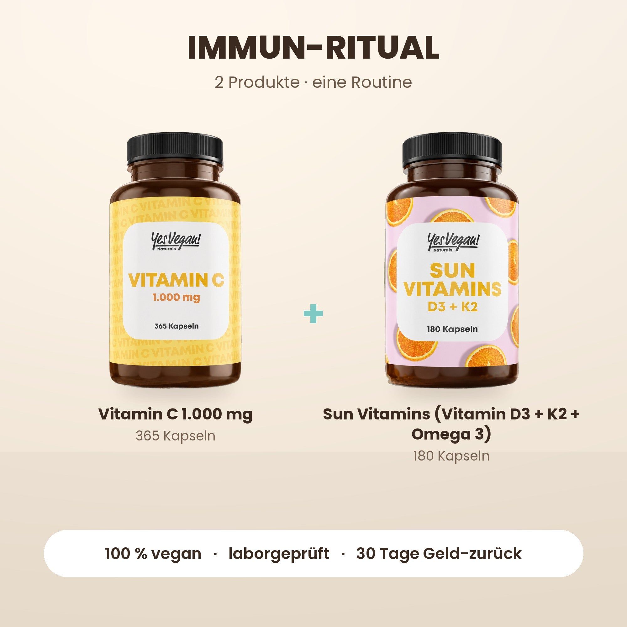 Drie flessen voedingssupplementen: Vitamine B12 (180 capsules), Sun Vitamins D3+K2 (180 capsules) en IJzer Complex (180 capsules).