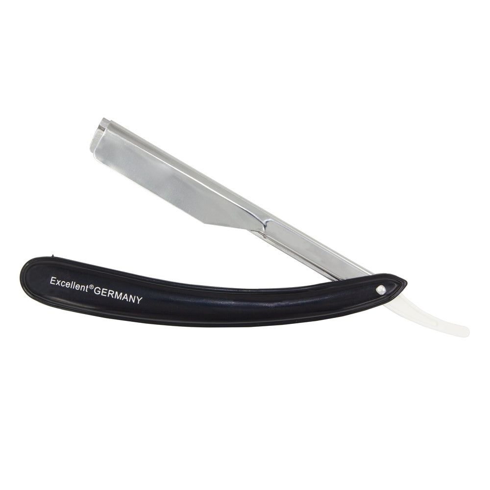 Scheermes met zwarte handgreep en zilveren mes. "Excellent GERMANY" staat op de handgreep.