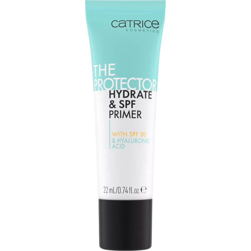 Tube de produit. Inscription: Catrice, THE PROTECTOR HYDRATE & SPF PRIMER, avec SPF 30 & acide hyaluronique. 22 ml.