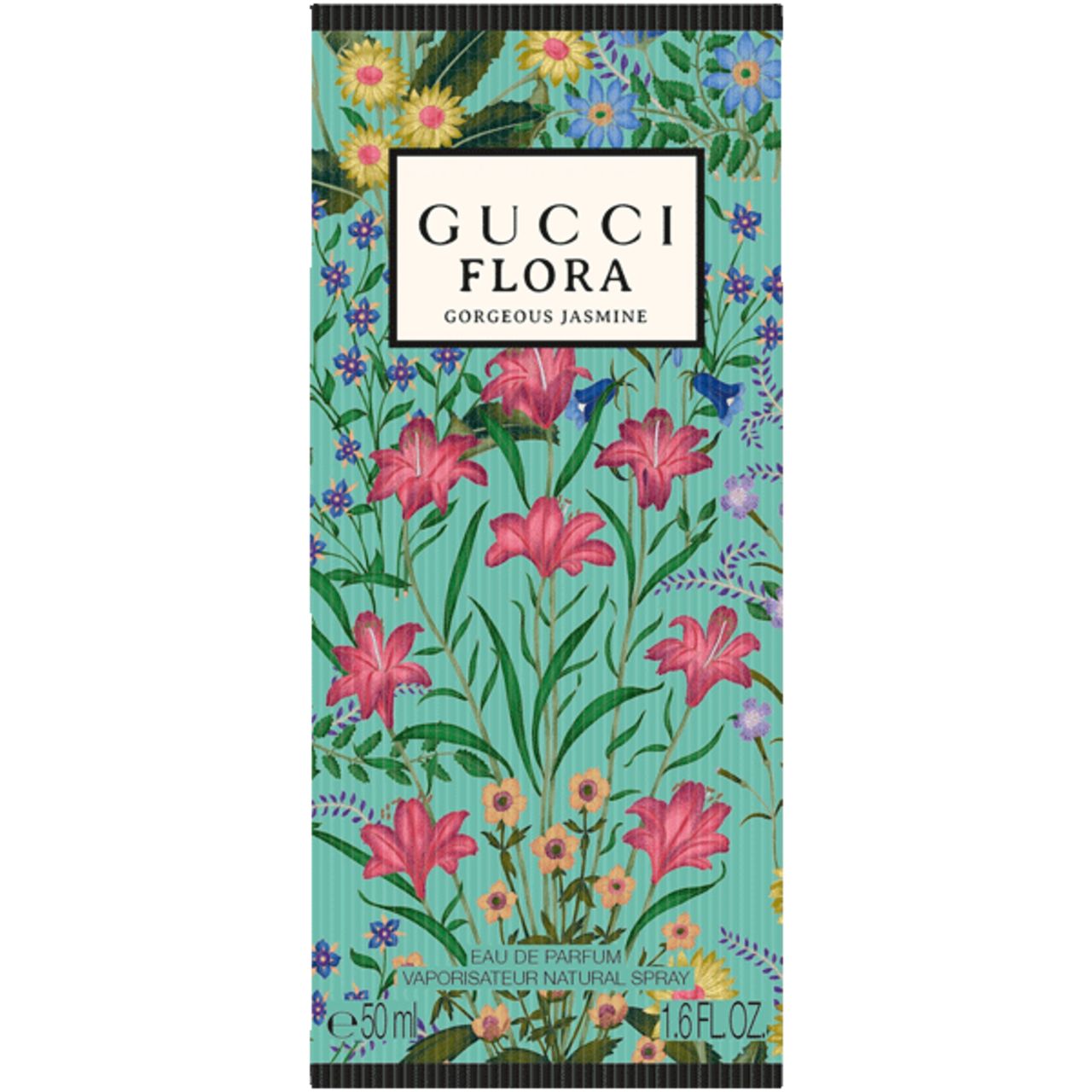 Boîte turquoise avec motif floral et nom du produit. Contient des informations et le volume.