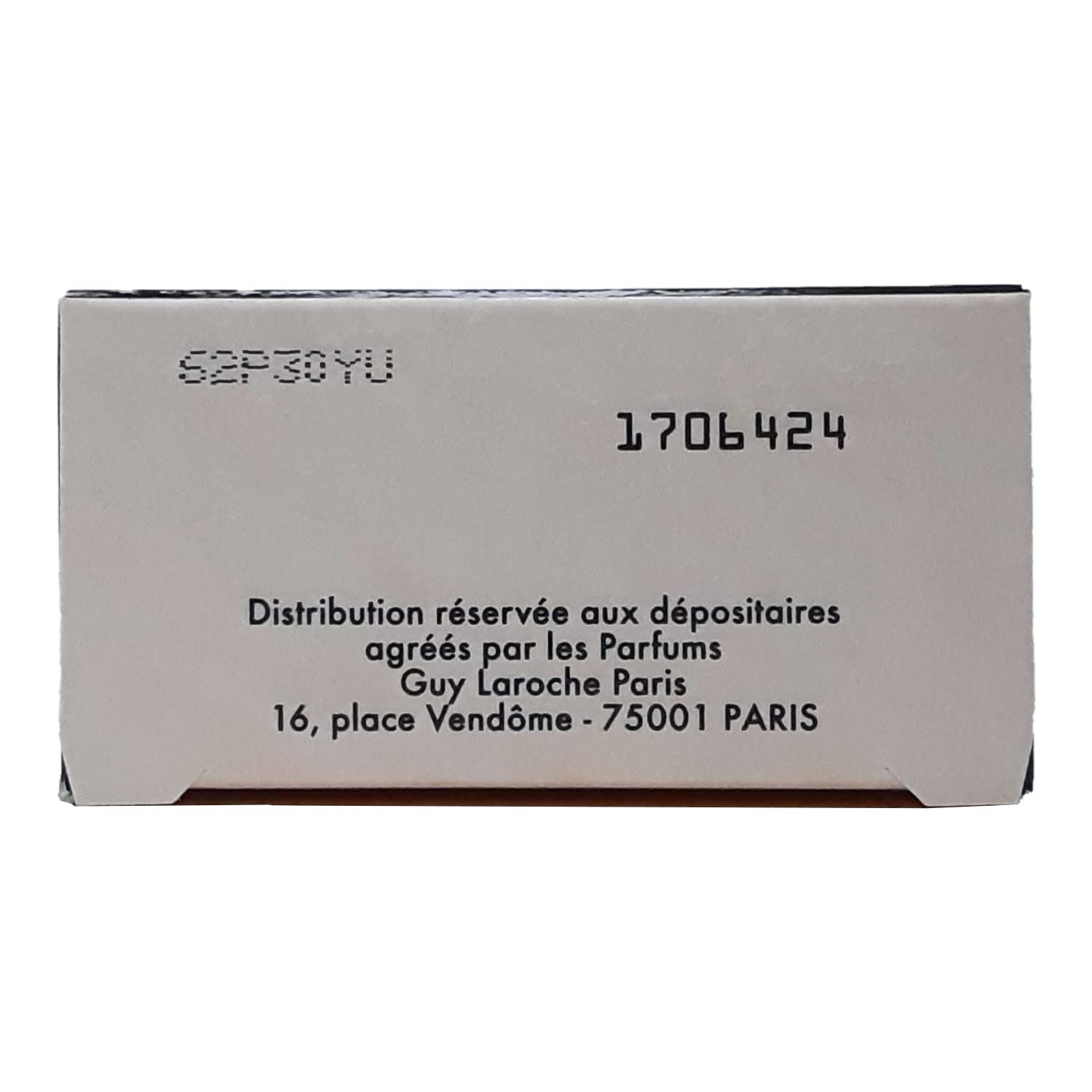 Achterkant van de verpakking van Guy Laroche Fidji Eau de Toilette. Tekst met informatie en contactgegevens.