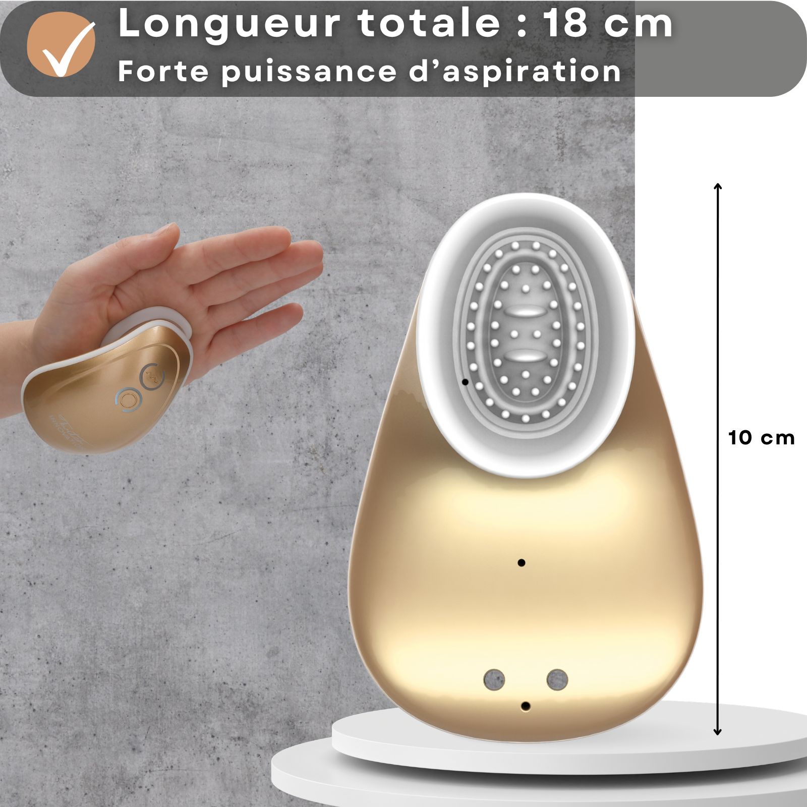 Un couple au lit, un vibrateur doré avec tête d'aspiration et câble de chargement USB.