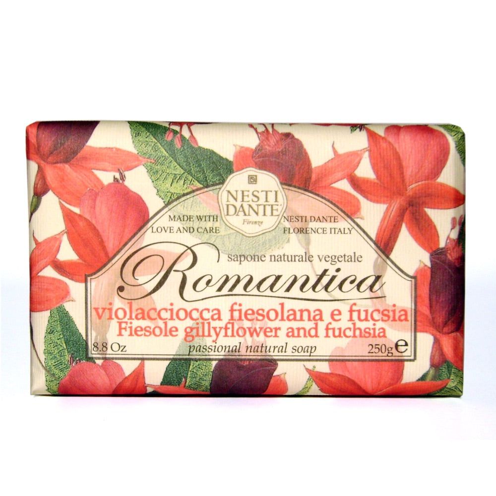 Savon Romantica, emballage floral. Inscriptions: violacciocca fiesolana e fucsia, Fiesole gillyflower and fuchsia. Marque: Nesti Dante.