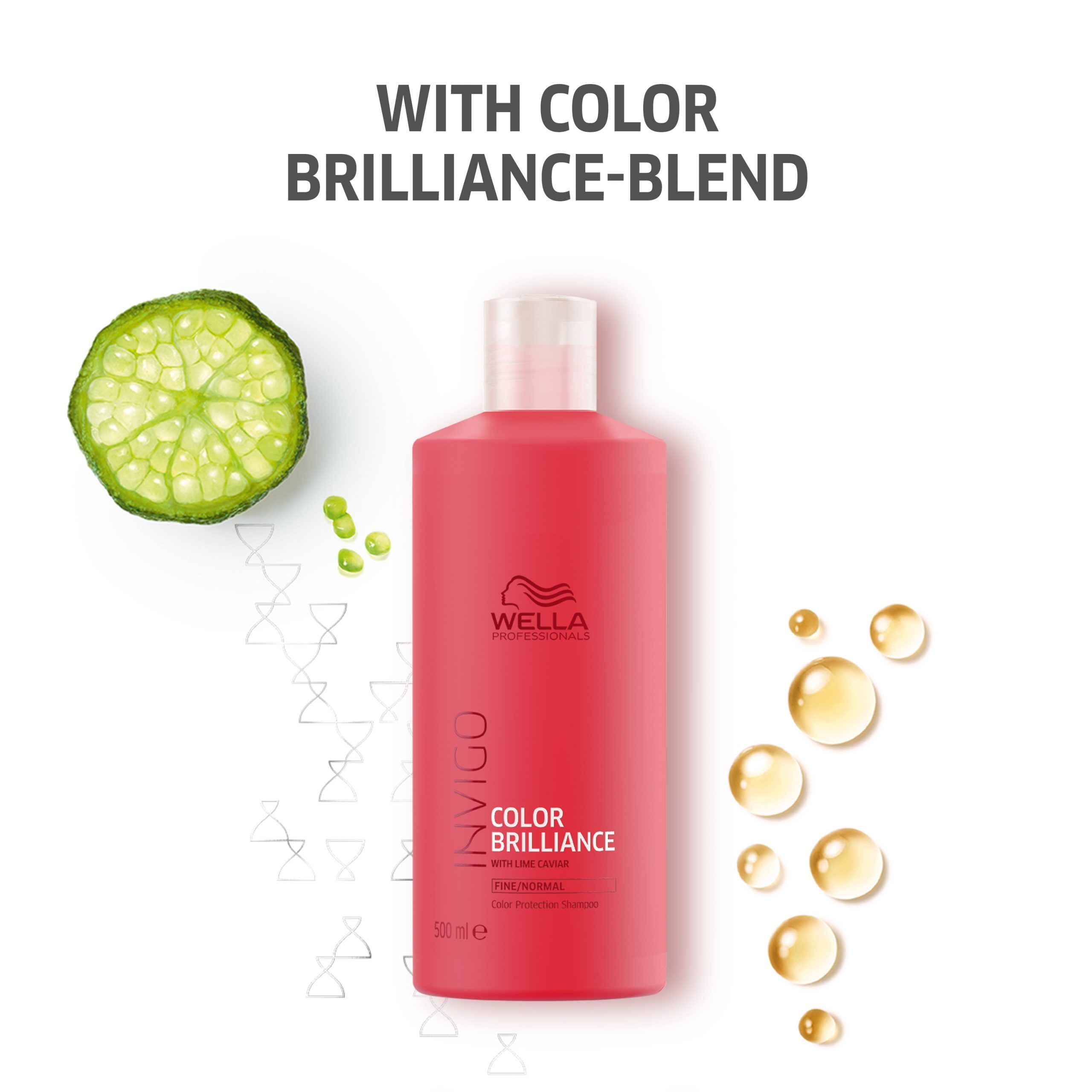 Flacon de shampooing rouge avec bouchon blanc, à côté un citron vert et des gouttes d'huile. Inscription : Invigo Color Brilliance.