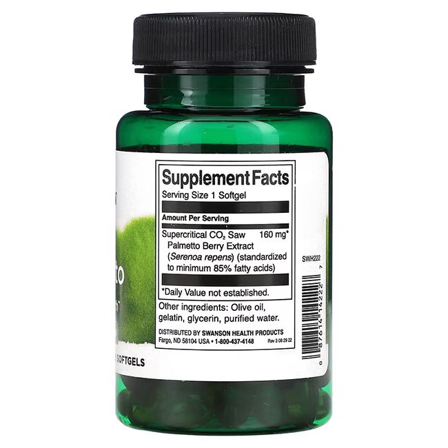 Dos du flacon vert. Inscription: Supplement Facts, 160 mg extrait de Saw Palmetto, ingrédients, Swanson Health Products.