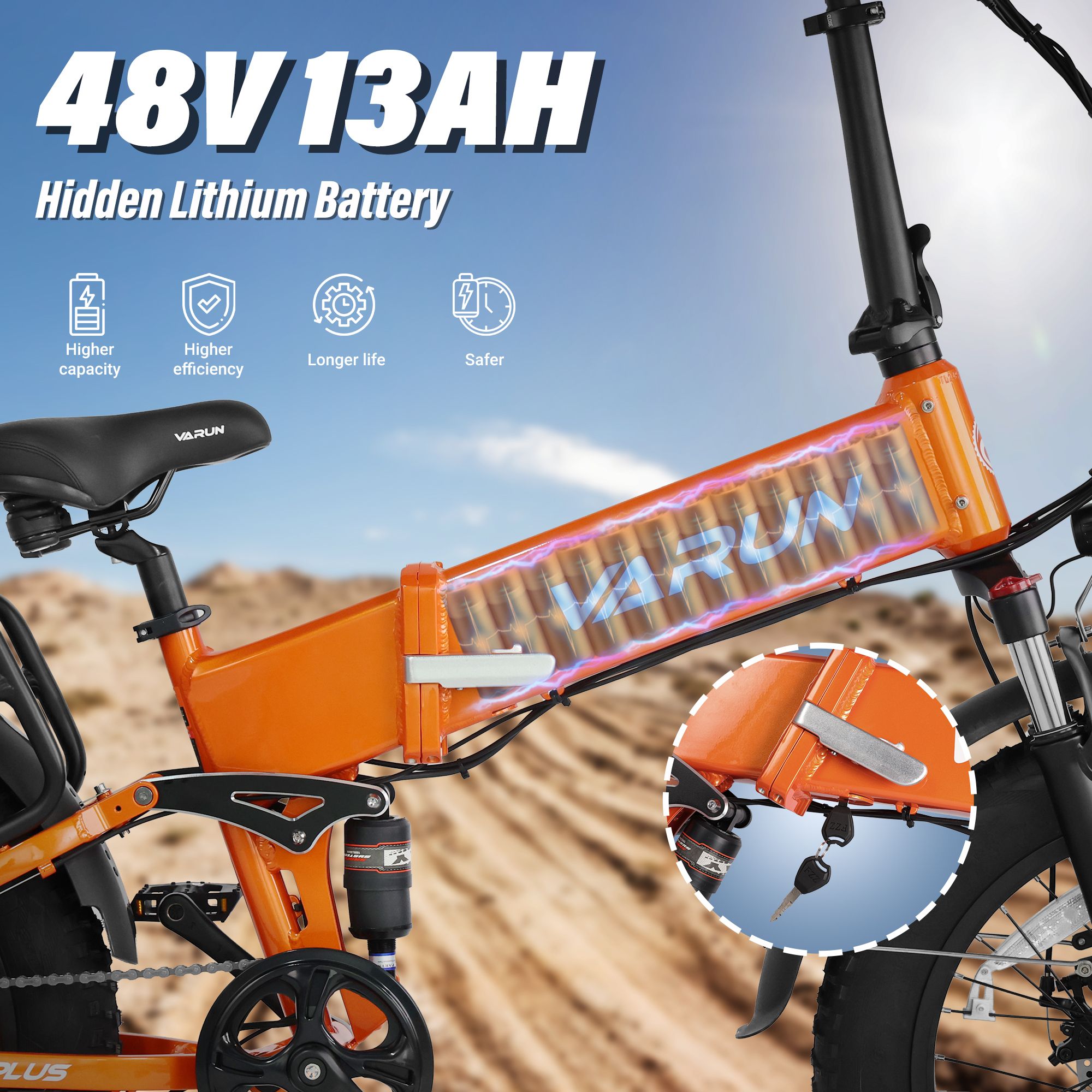 Oranje opvouwbare elektrische fiets VARUN S20-2. Zichtbare 48V 13Ah batterij. Details: hogere capaciteit, efficiëntie, levensduur en veiligheid.